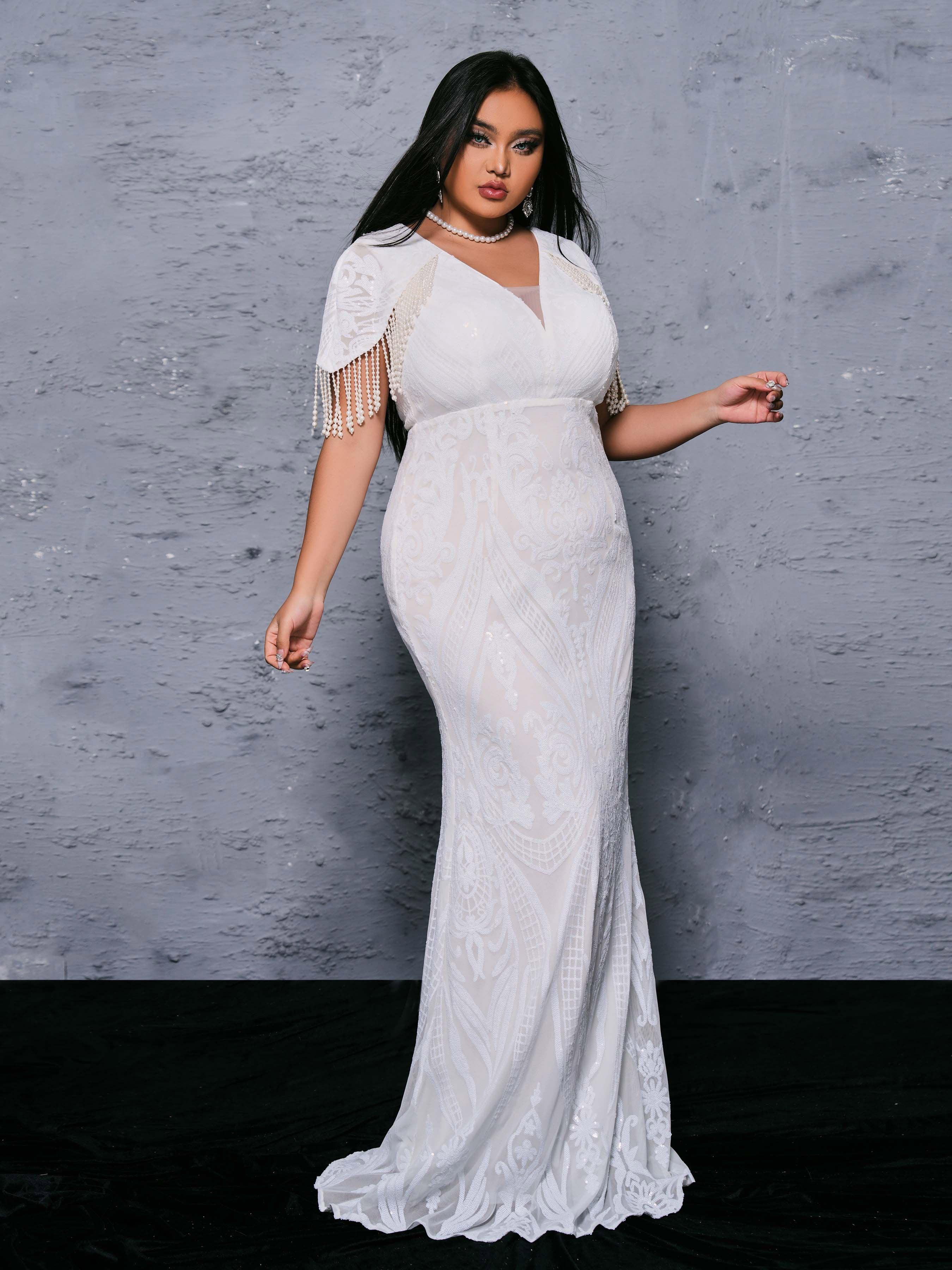 Plus V-Neck Pearl White Mermaid Dress PRX70092 Plus V-Neck Pearl White Mermaid Dress PRX70092