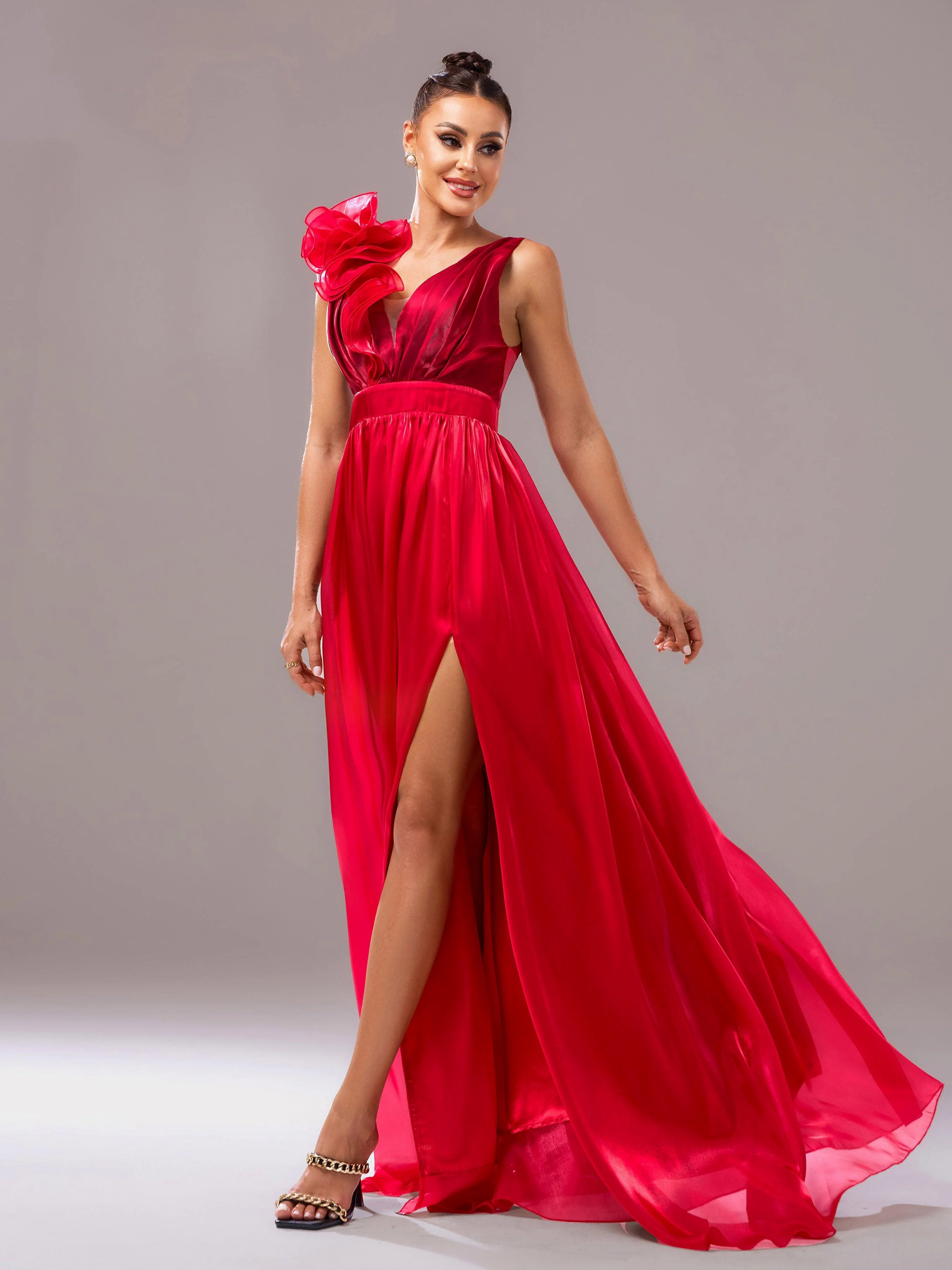 Red Floral Satin V-Neck A-line Evening Dress GZ60108 Red Floral Satin V-Neck A-line Evening Dress GZ60108