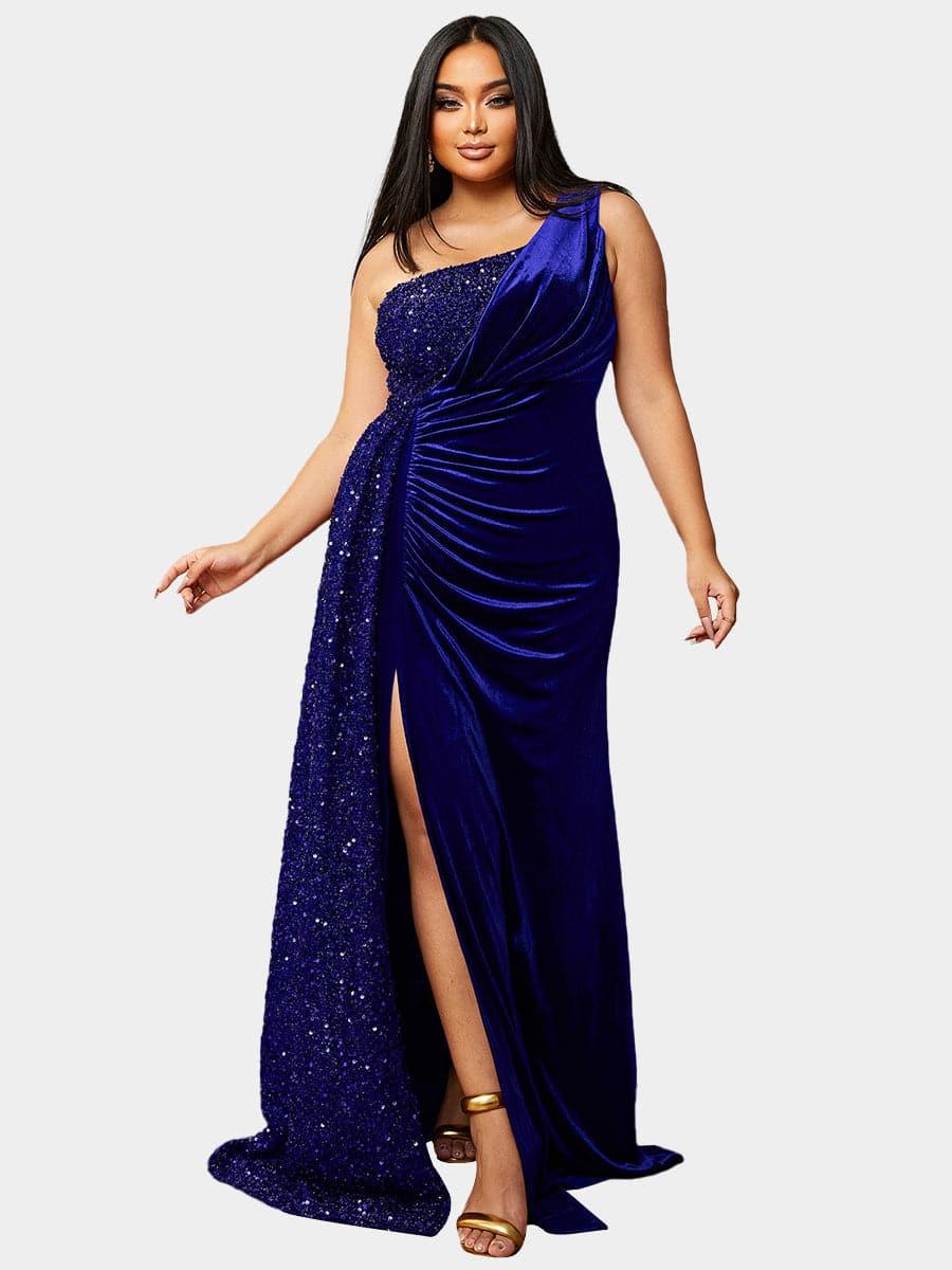 Plus Size One Shoulder Draped Sequin Burgundy Prom Dress PXH2356 Plus Size One Shoulder Draped Sequin Burgundy Prom Dress PXH2356