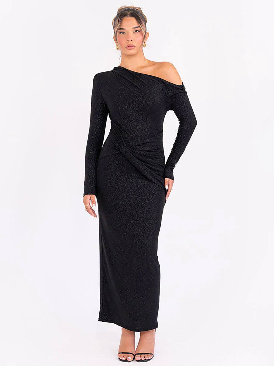 Slash Neck Solid Ruched Knot Prom Dress MYC2023 Slash Neck Solid Ruched Knot Prom Dress MYC2023