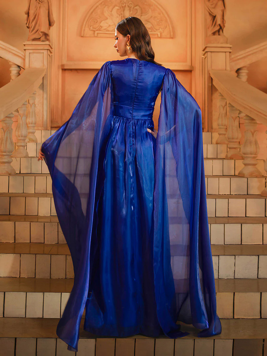 Blue Cape Sleeve Muslim Embroidered Dress DH80540 Blue Cape Sleeve Muslim Embroidered Dress DH80540