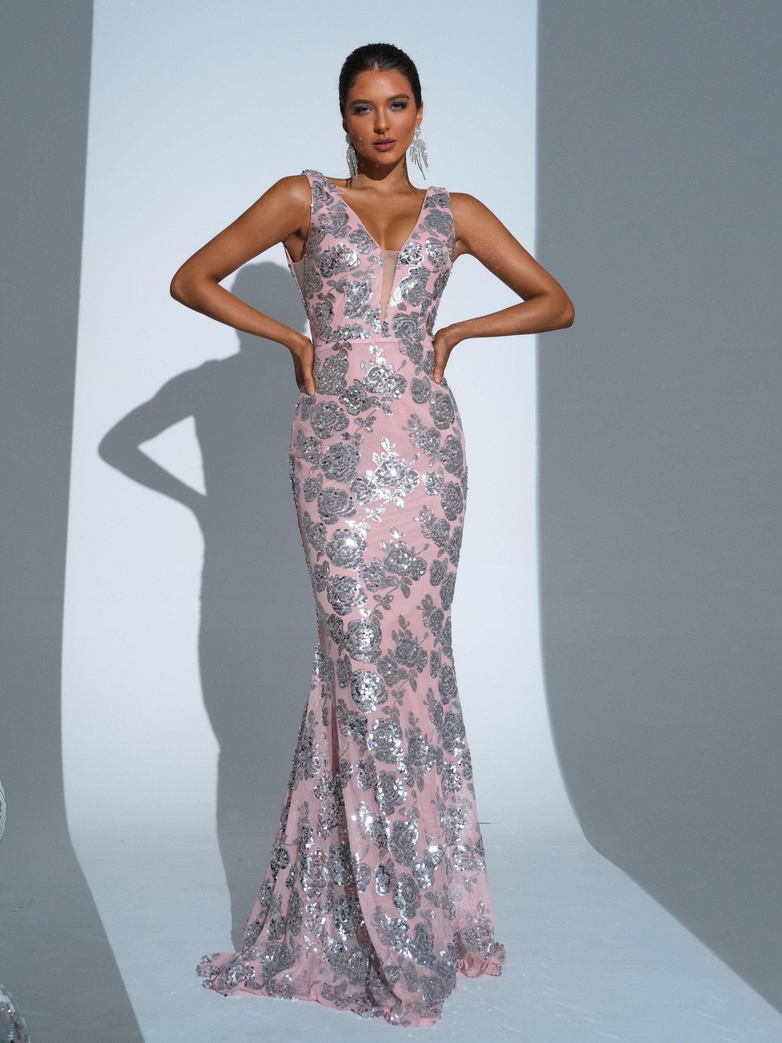 V-neck Floral Sequin Mermaid Dress RJ11513 V-neck Floral Sequin Mermaid Dress RJ11513