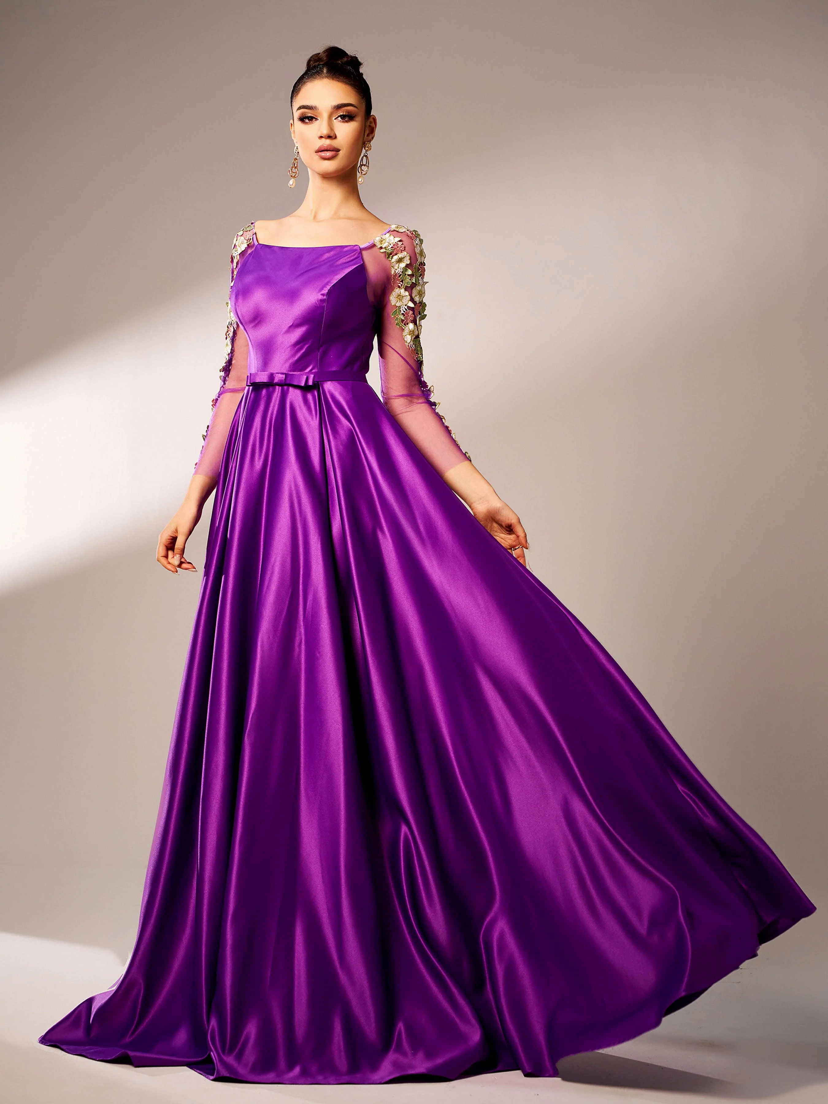 Embroidered Long Sleeve Purple A-line Evening Dress GM90144 Embroidered Long Sleeve Purple A-line Evening Dress GM90144