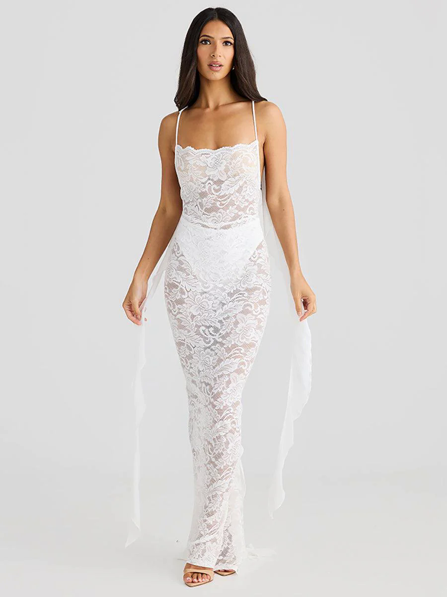 Backless Lace See-through Floral Party Dress MYC2025 Backless Lace See-through Floral Party Dress MYC2025