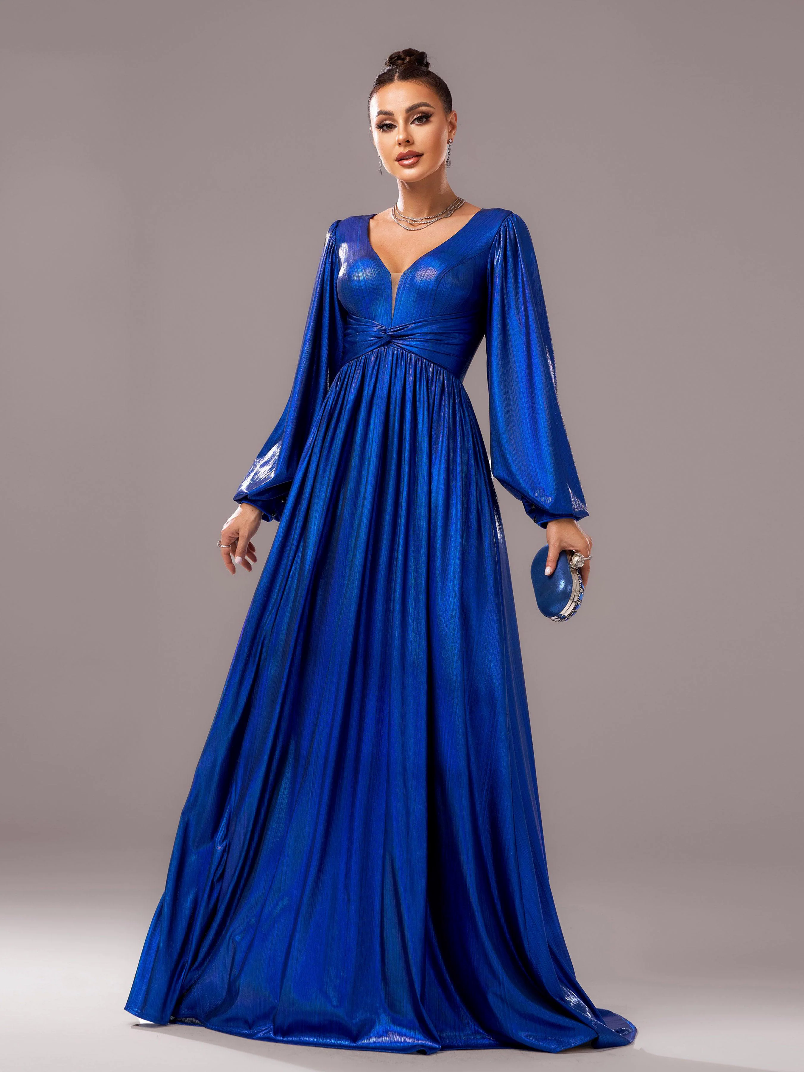 Blue V-neck Long Sleeve A-line Prom Dress DH80273 Blue V-neck Long Sleeve A-line Prom Dress DH80273