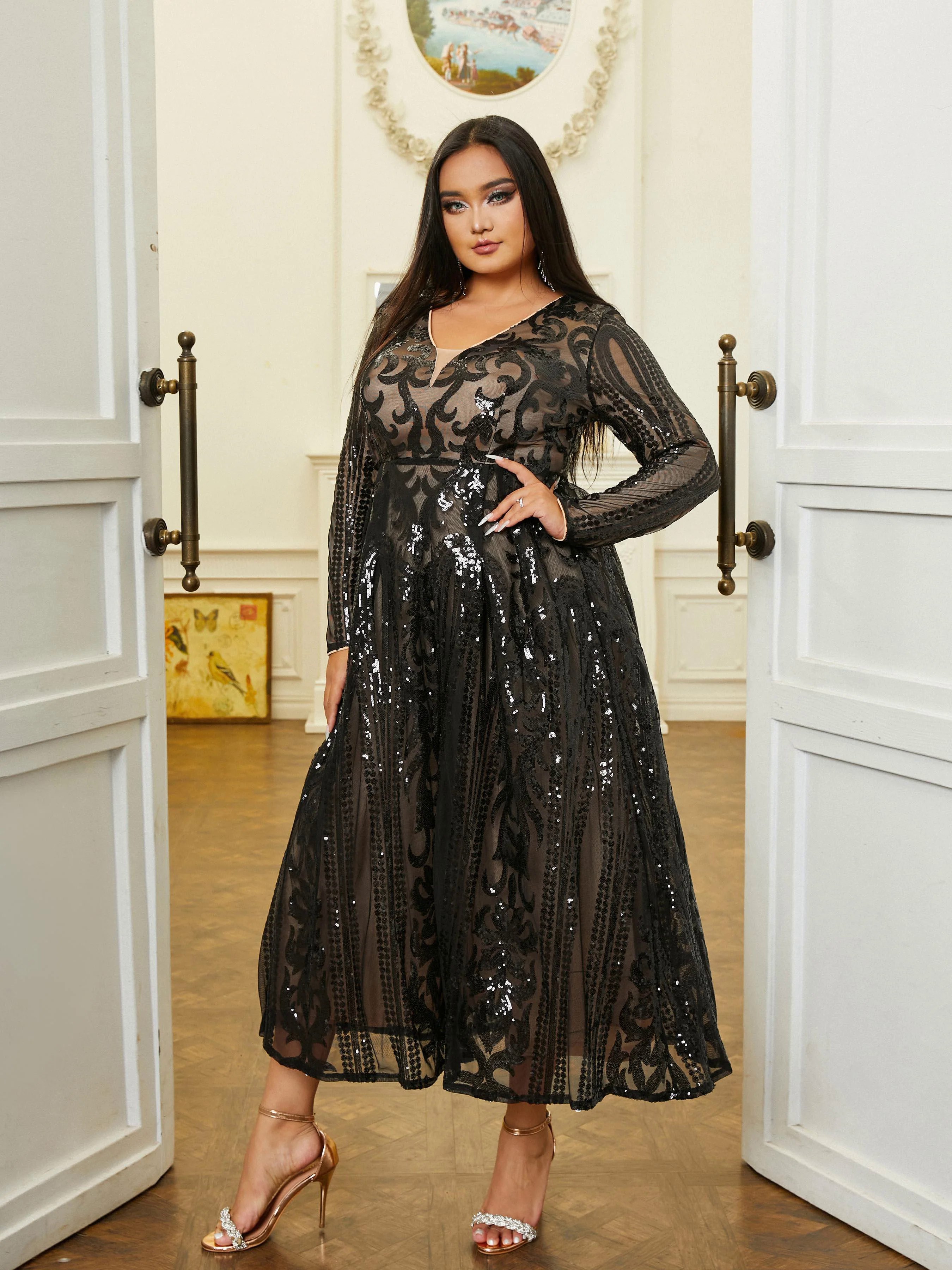 Plus V-neck Long Sleeve Sequin Dress PRJ10179 Plus V-neck Long Sleeve Sequin Dress PRJ10179