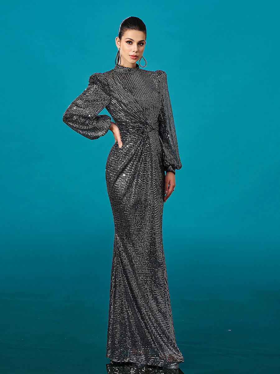 Long Sleeve Folds Solid Sequin Formal Dress DH80421 Long Sleeve Folds Solid Sequin Formal Dress DH80421