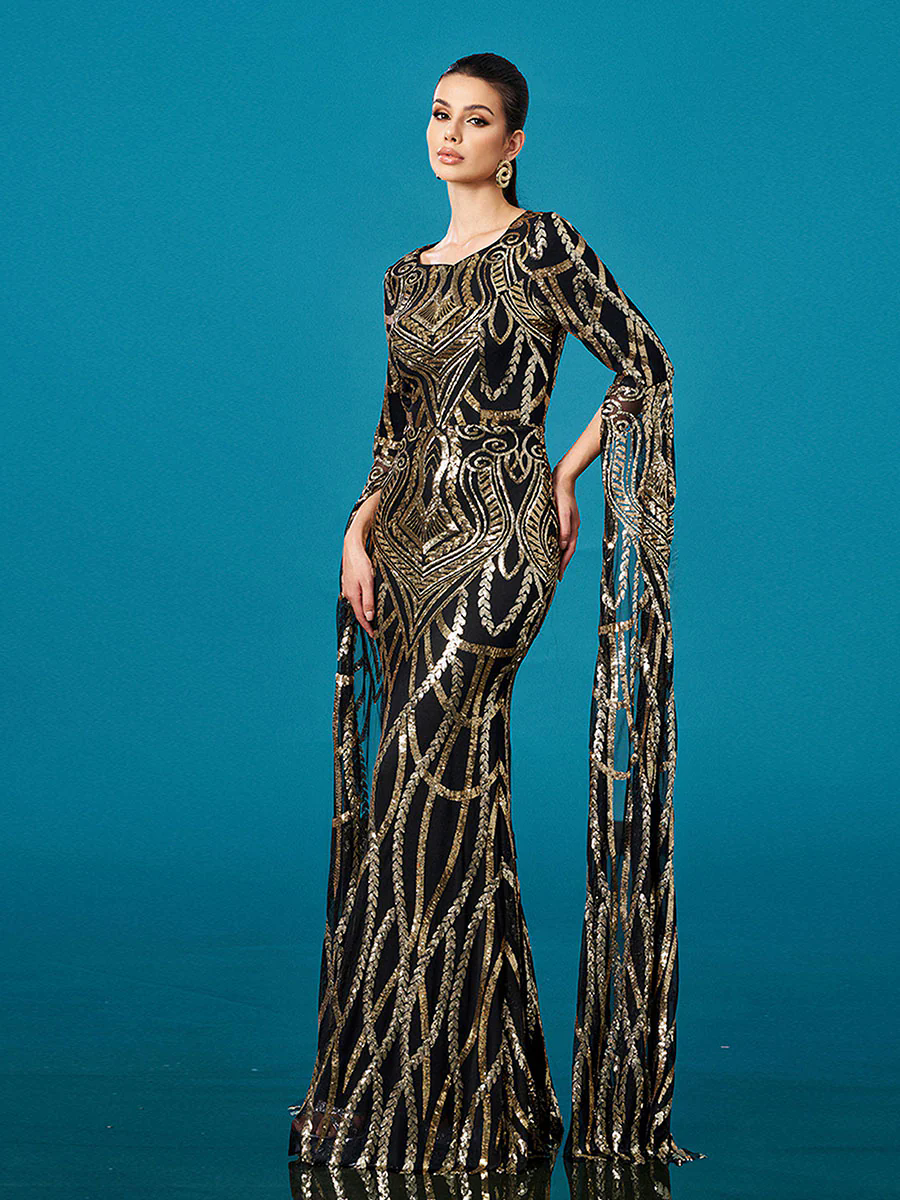 Luxury Geometric Sequin Long Sleeve Formal Dress DH80402 Luxury Geometric Sequin Long Sleeve Formal Dress DH80402