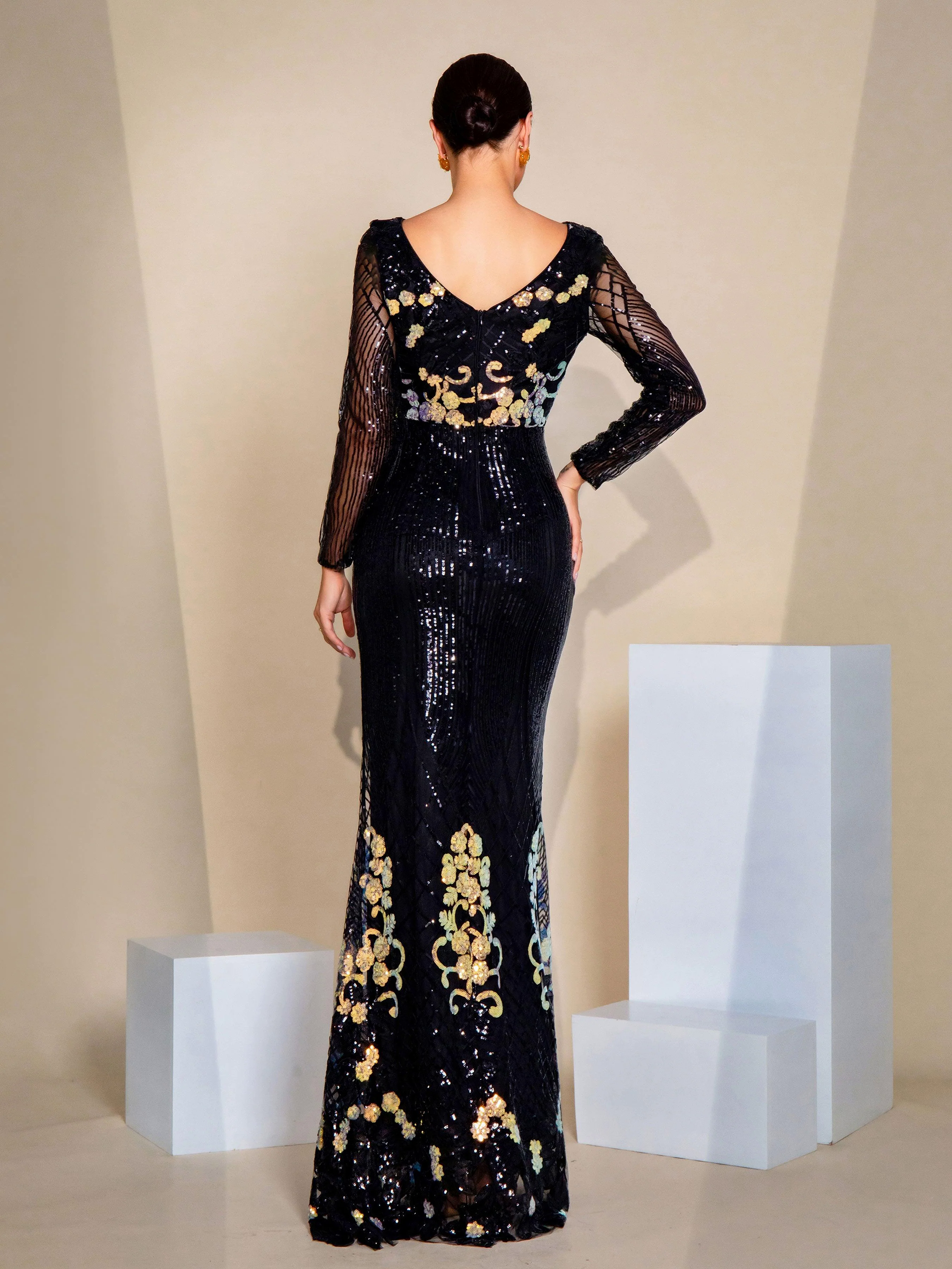 Floral Sequin Balck Mermaid Evening Dress GM00451 Floral Sequin Balck Mermaid Evening Dress GM00451