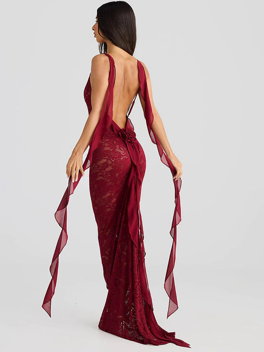 Backless Lace See-through Floral Party Dress MYC2025 Backless Lace See-through Floral Party Dress MYC2025