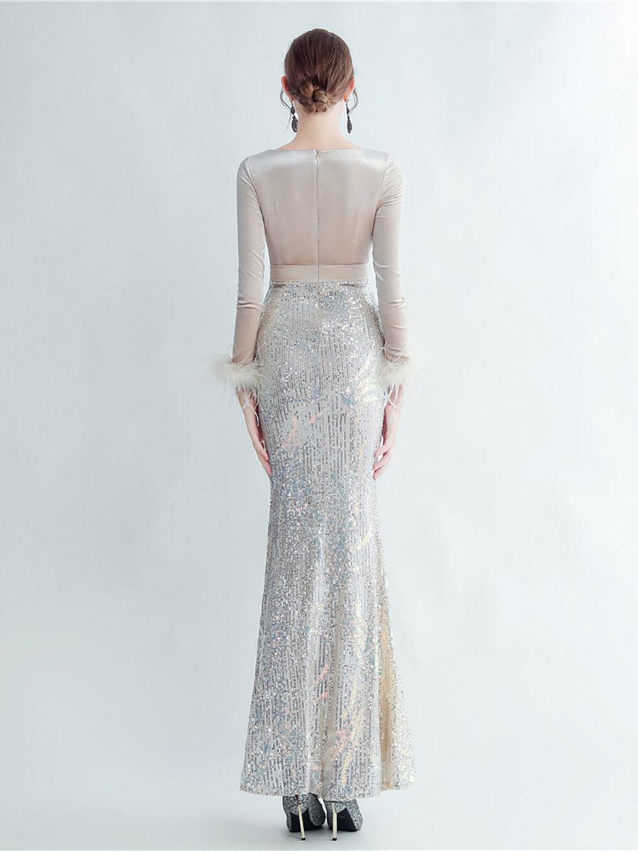 Long Sleeve Velvet Feather Wrap Prom Dress MCW0949 Long Sleeve Velvet Feather Wrap Prom Dress MCW0949