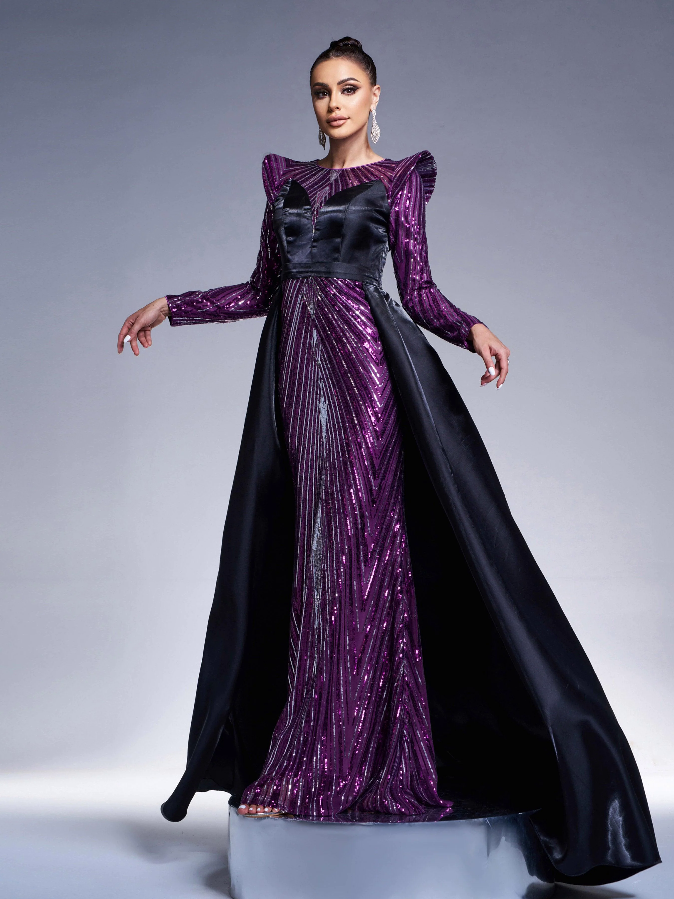 Purple Sequin Sheer Cape Evening Dress GZ60044 Purple Sequin Sheer Cape Evening Dress GZ60044