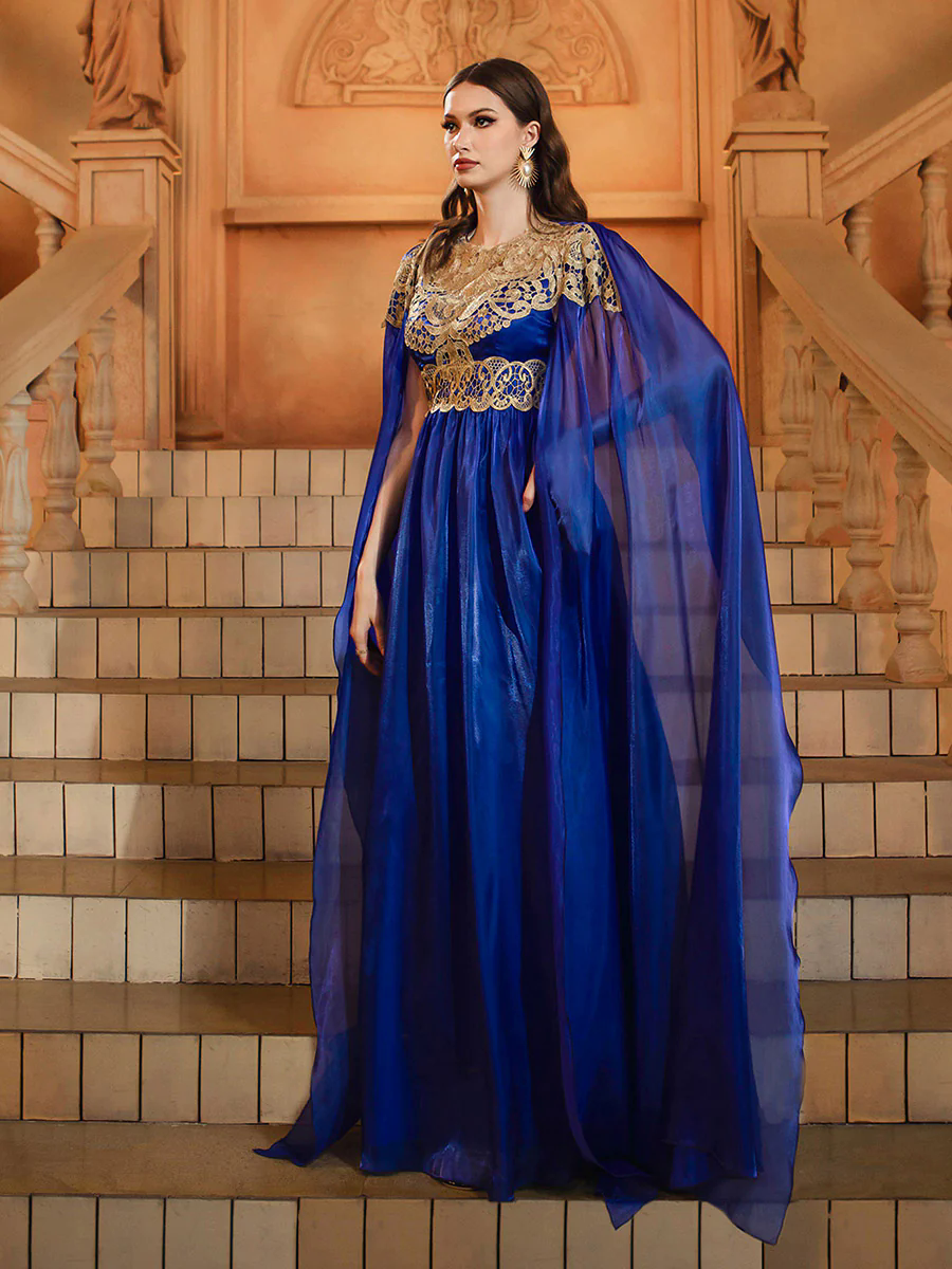 Blue Cape Sleeve Muslim Embroidered Dress DH80540 Blue Cape Sleeve Muslim Embroidered Dress DH80540