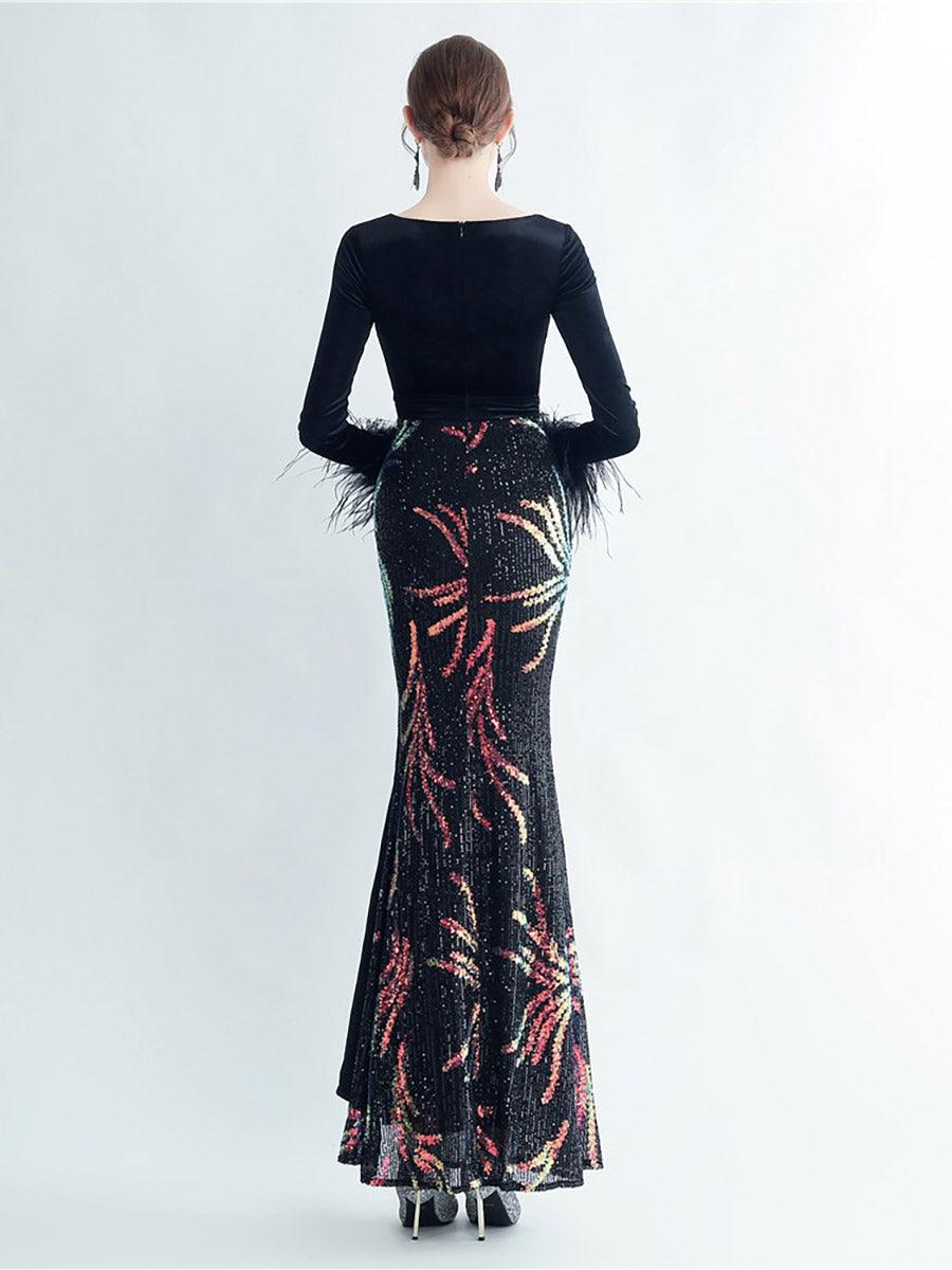 Long Sleeve Velvet Feather Wrap Prom Dress MCW0949 Long Sleeve Velvet Feather Wrap Prom Dress MCW0949