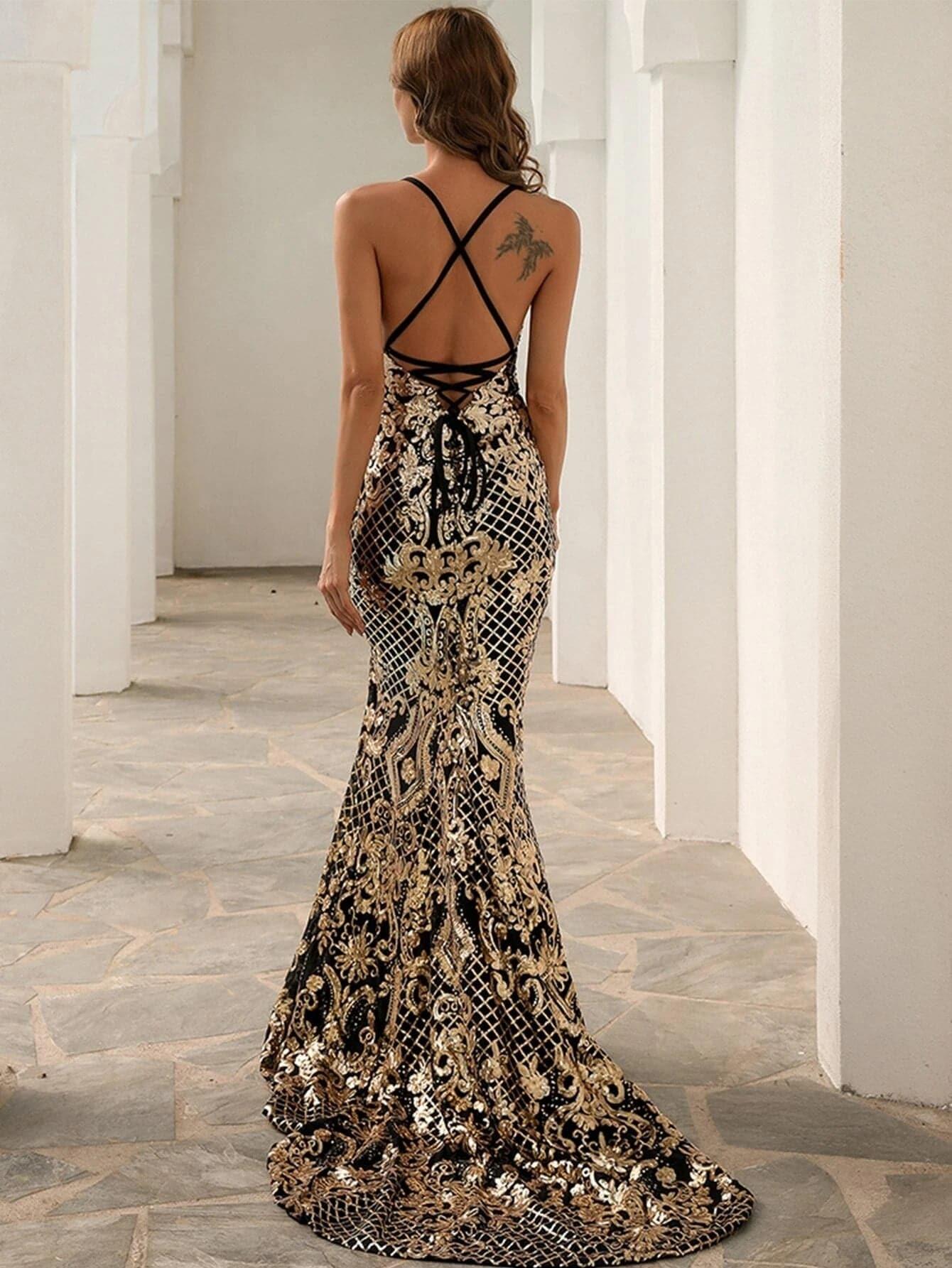 Baroque Lace Up Back Sequins Maxi Prom Dress M01086 Baroque Lace Up Back Sequins Maxi Prom Dress M01086