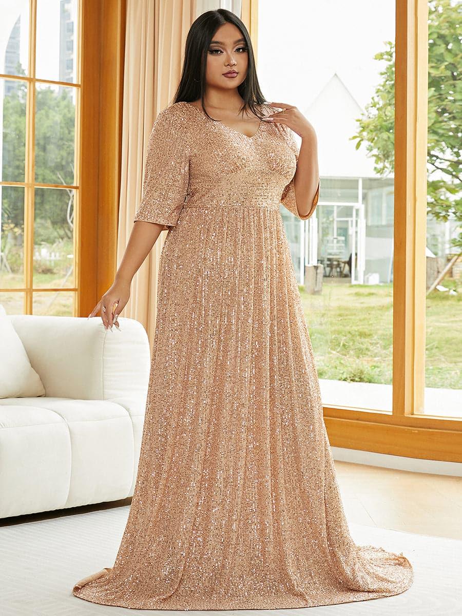 Plus V Neck Sequin Apricot Evening Dress PXJ2647 Plus V Neck Sequin Apricot Evening Dress PXJ2647