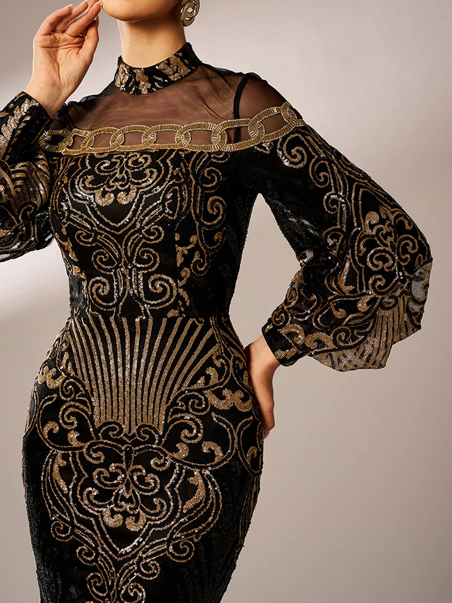 Luxe Embroidered Ballon Sleeve Evening Dress DH80229 Luxe Embroidered Ballon Sleeve Evening Dress DH80229