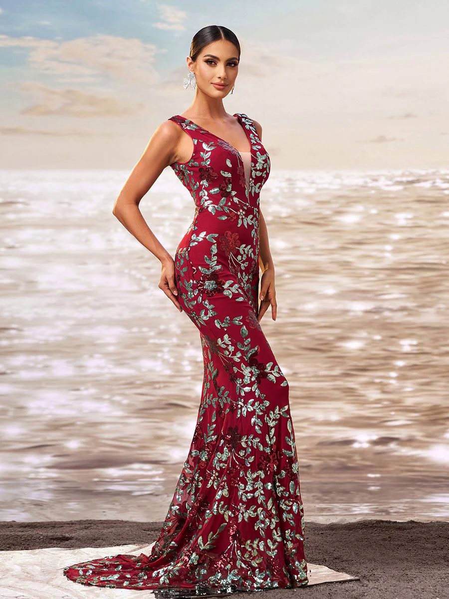 Floral V-neck Sequin Mermaid Prom Dress RJ10790 Floral V-neck Sequin Mermaid Prom Dress RJ10790