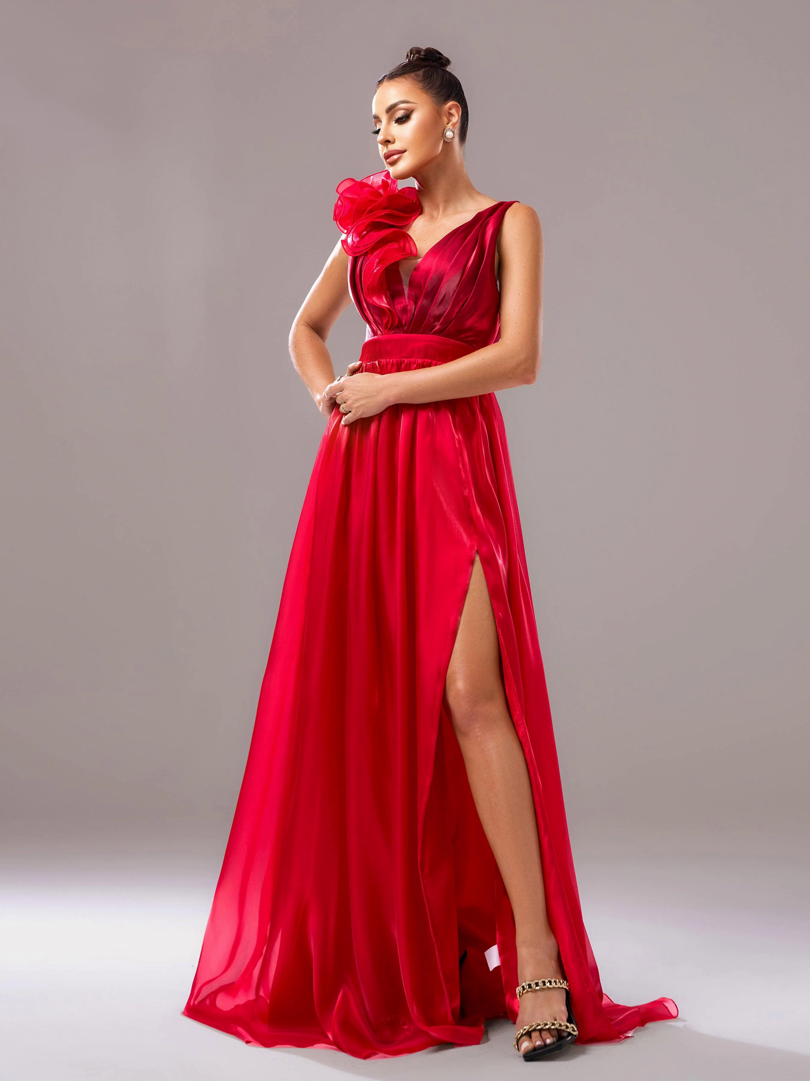 Red Floral Satin V-Neck A-line Evening Dress GZ60108 Red Floral Satin V-Neck A-line Evening Dress GZ60108