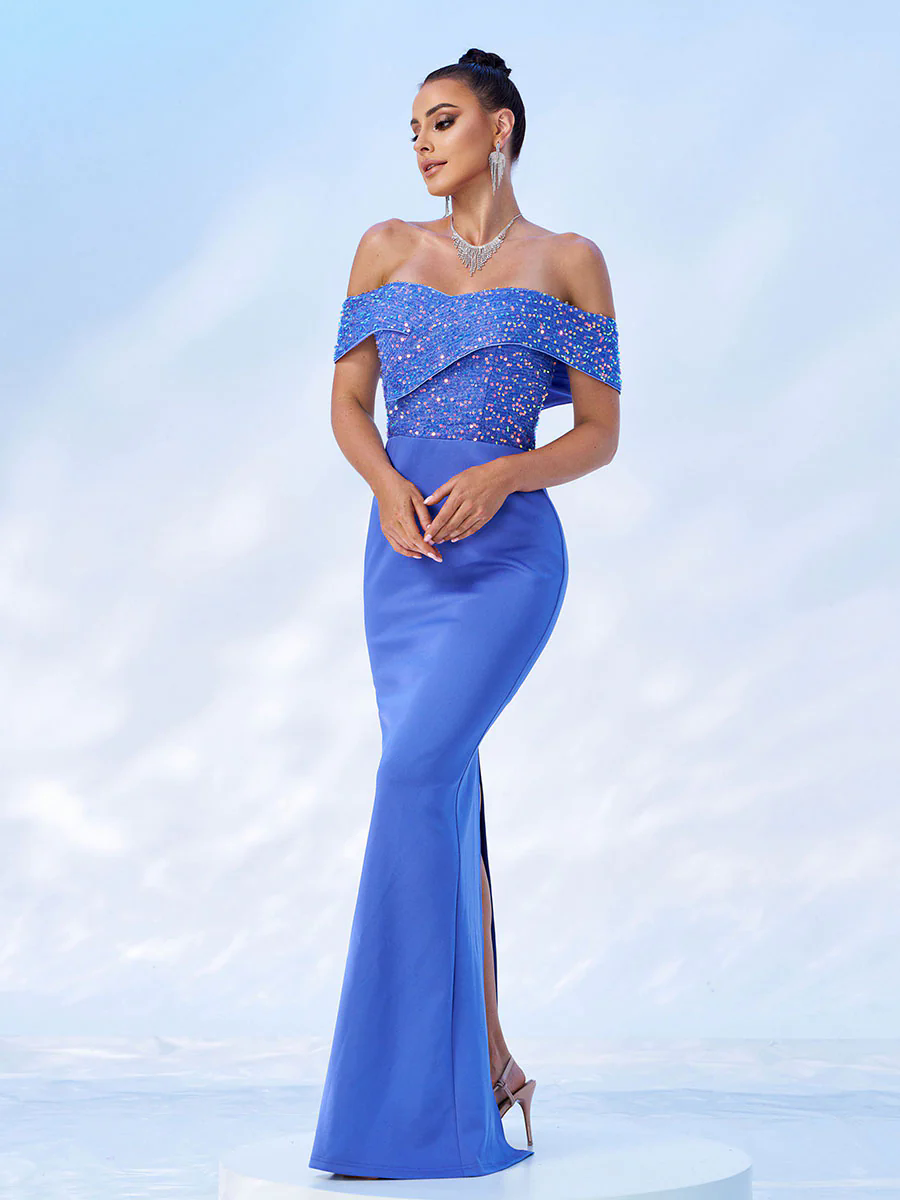 Off Shoulder Sequins Panel Black Evening Dress RM20181 Off Shoulder Sequins Panel Black Evening Dress RM20181