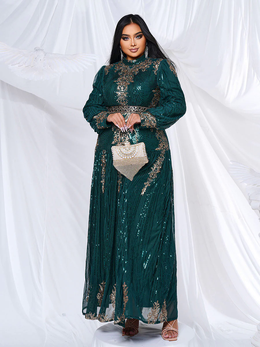 Plus Stand Collar Sequin A-line Dress PMES00341 Plus Stand Collar Sequin A-line Dress PMES00341