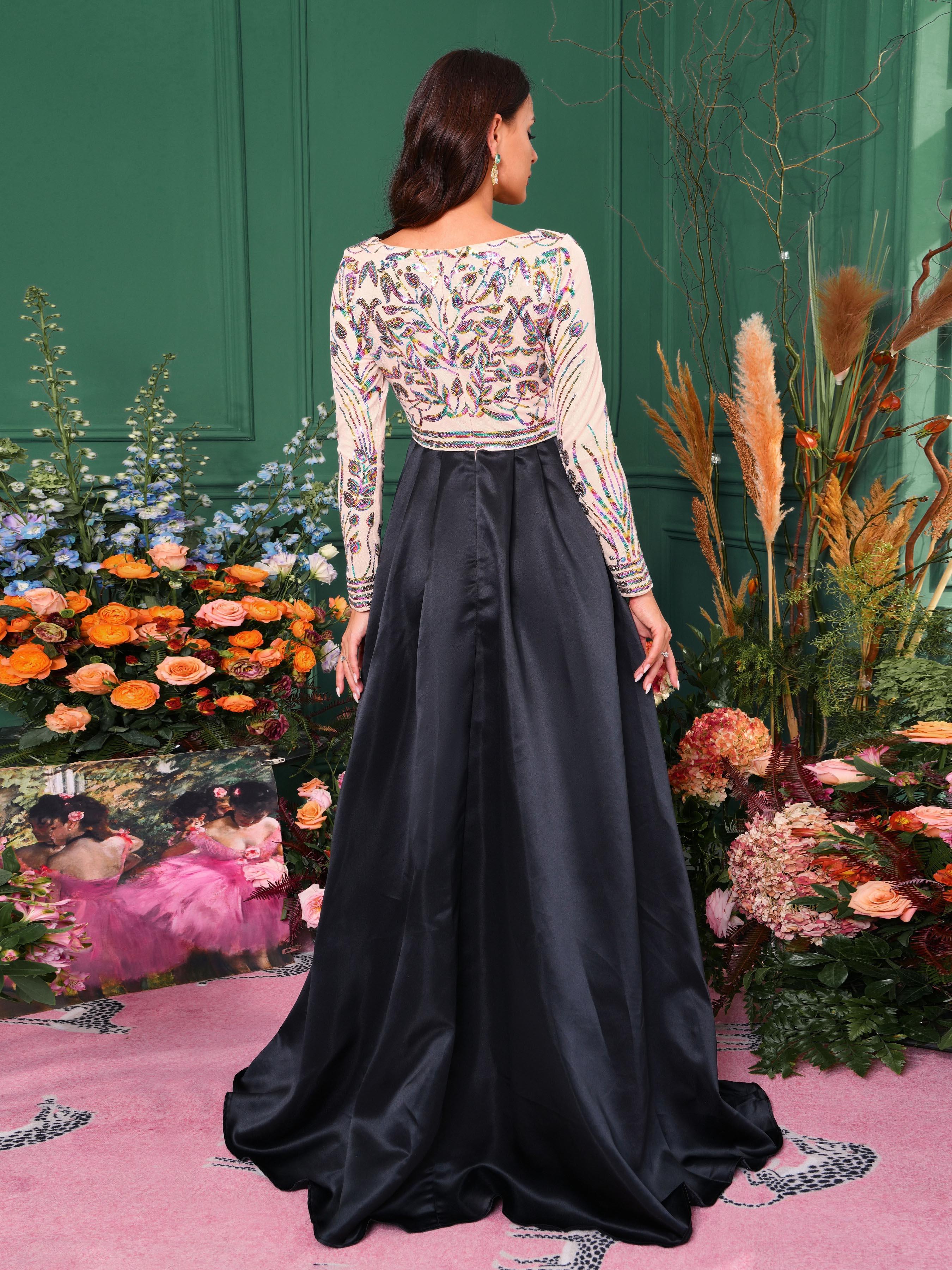 Formal A-Line Satin Panel Black Ball Gown RM20428 Formal A-Line Satin Panel Black Ball Gown RM20428