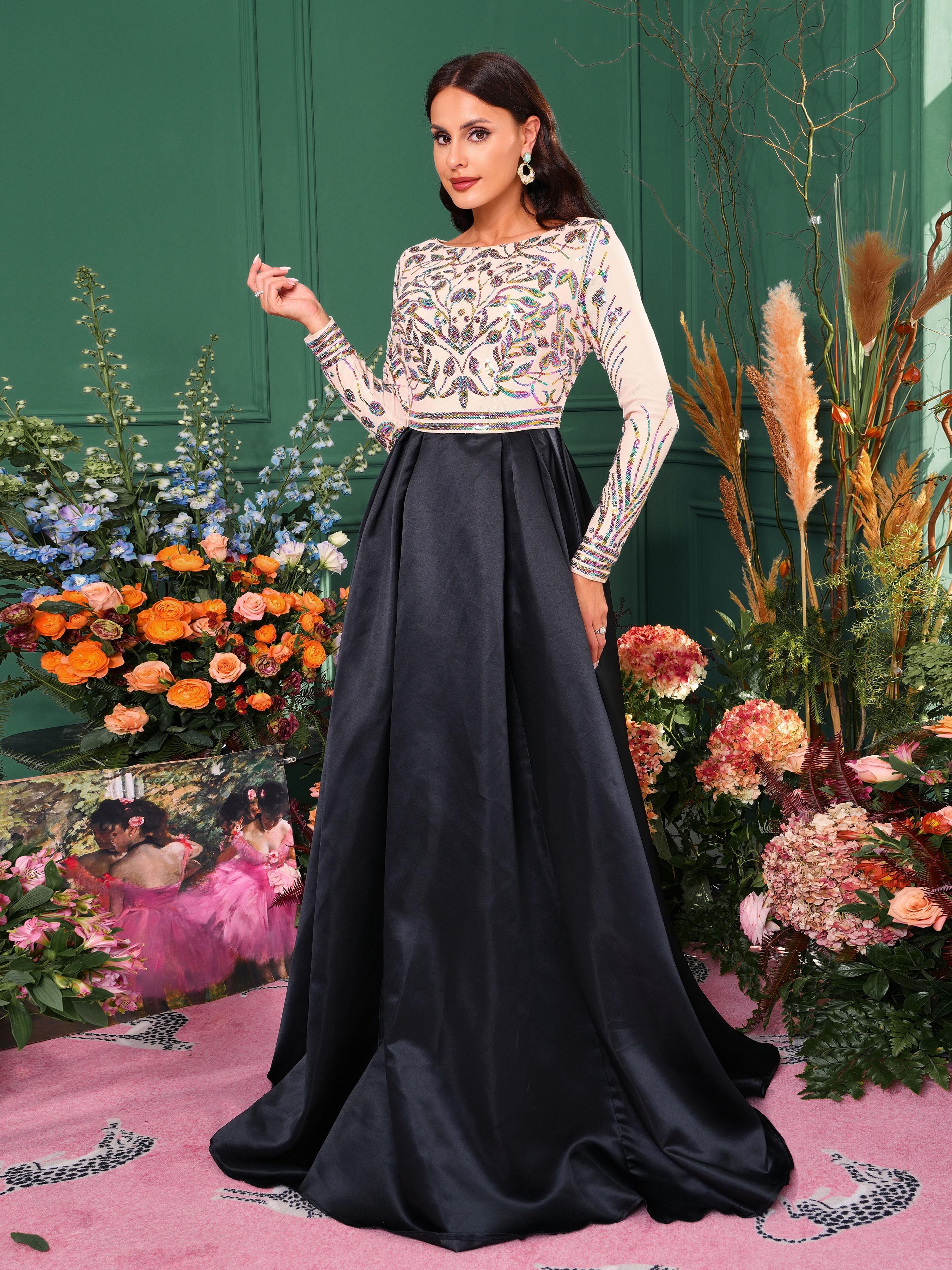 Formal A-Line Satin Panel Black Ball Gown RM20428 Formal A-Line Satin Panel Black Ball Gown RM20428