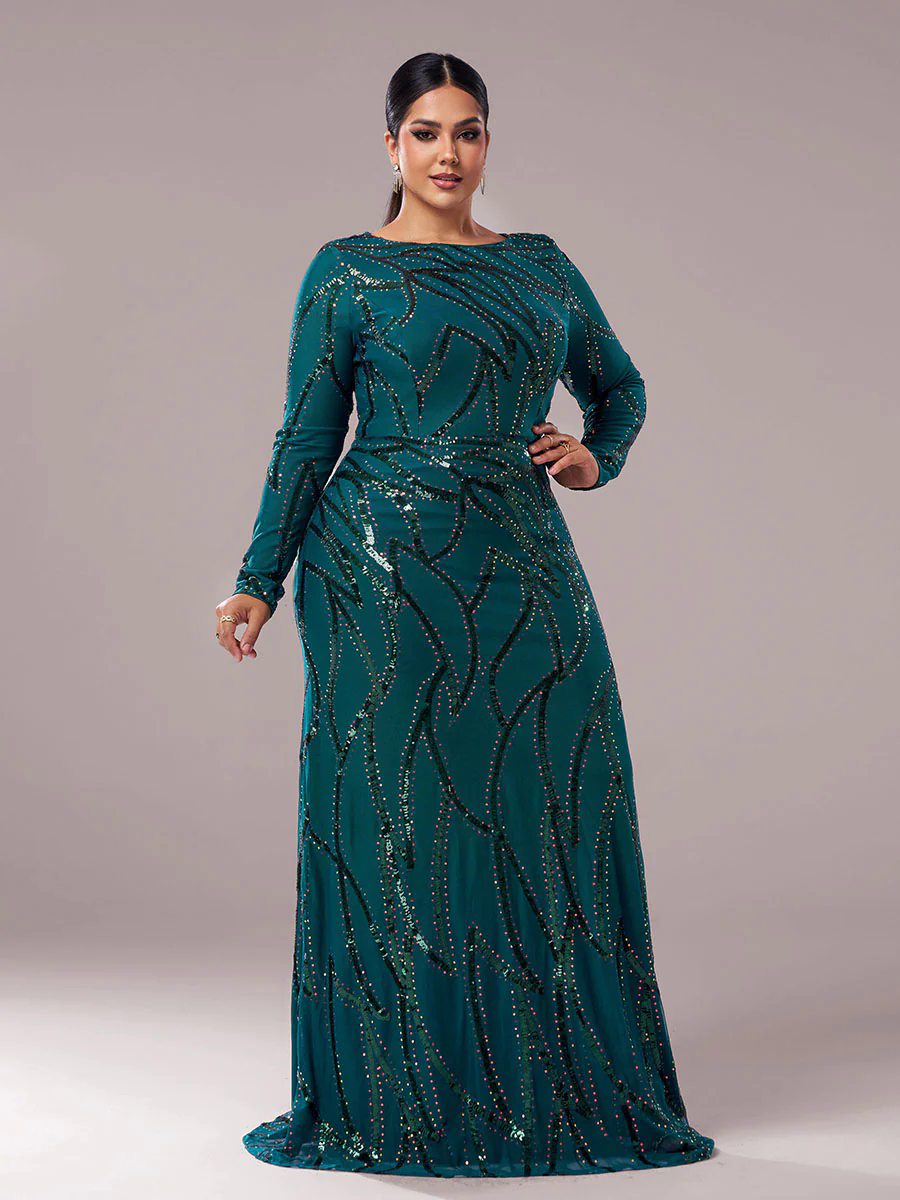Plus Long Sleeve Sequin A-line Dress PXJ1962 Plus Long Sleeve Sequin A-line Dress PXJ1962