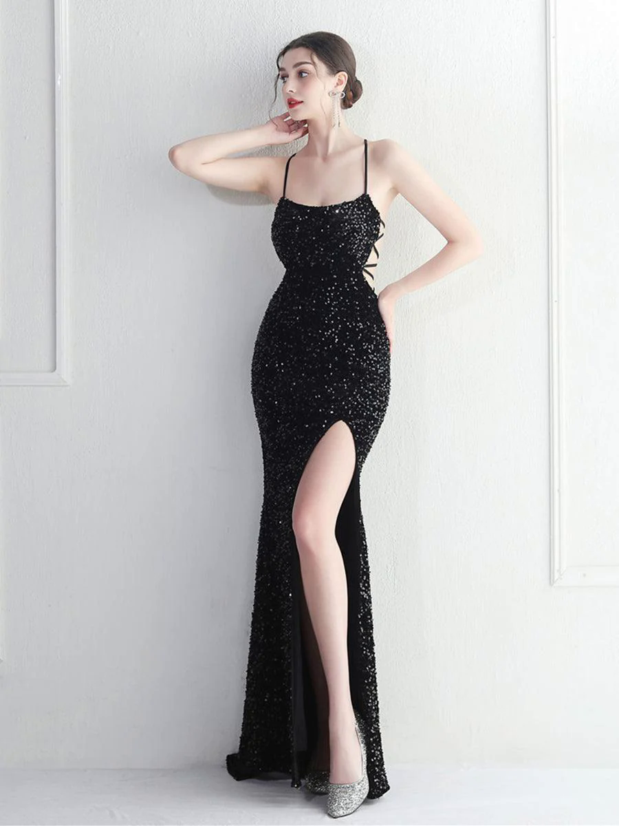 Lace Back Split Sequin Spaghetti Cocktail Dress MYC2004 Lace Back Split Sequin Spaghetti Cocktail Dress MYC2004