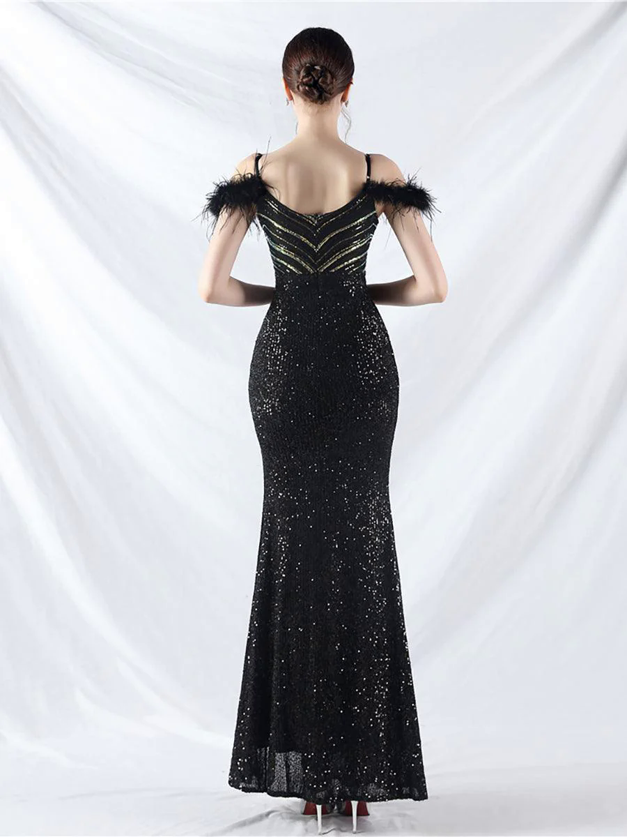 Cold Shoulder Feather Sequin Cocktail Dress MYC2006 Cold Shoulder Feather Sequin Cocktail Dress MYC2006