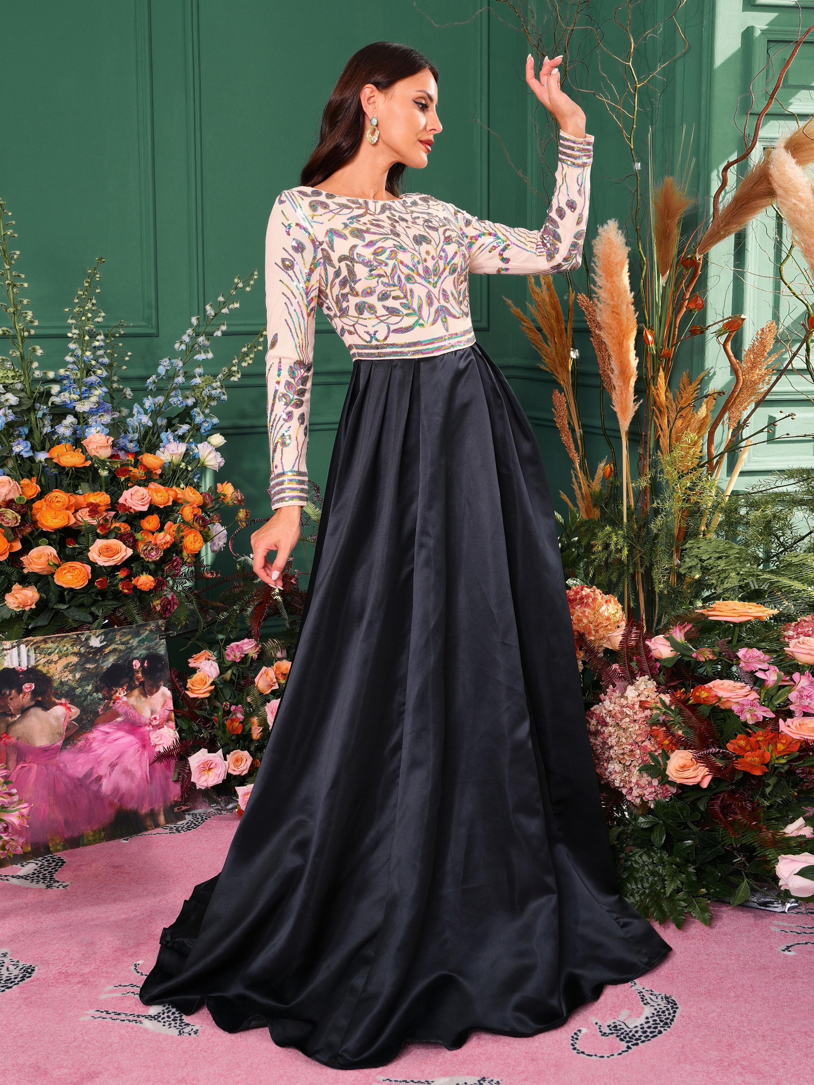Formal A-Line Satin Panel Black Ball Gown RM20428 Formal A-Line Satin Panel Black Ball Gown RM20428