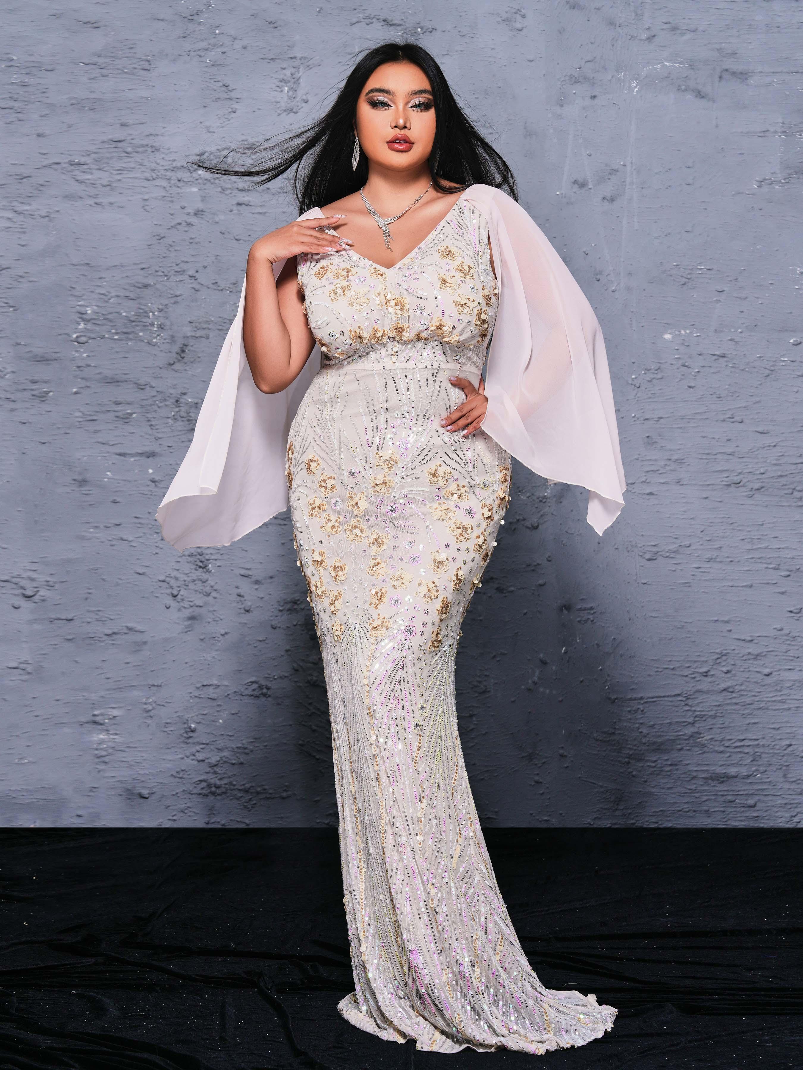 Plus V-neck Floral Sequin Mermaid Dress PRX70154 Plus V-neck Floral Sequin Mermaid Dress PRX70154