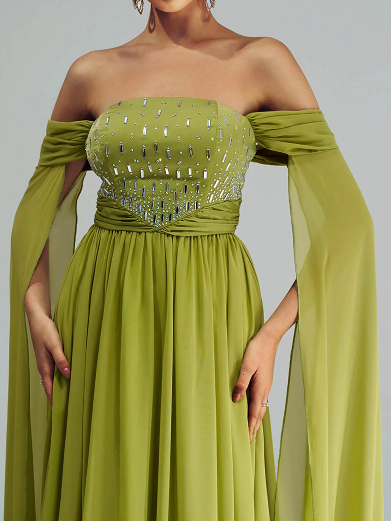 Green Chiffon Rhinestone Off Shoulder Prom Dress RX70147 Green Chiffon Rhinestone Off Shoulder Prom Dress RX70147