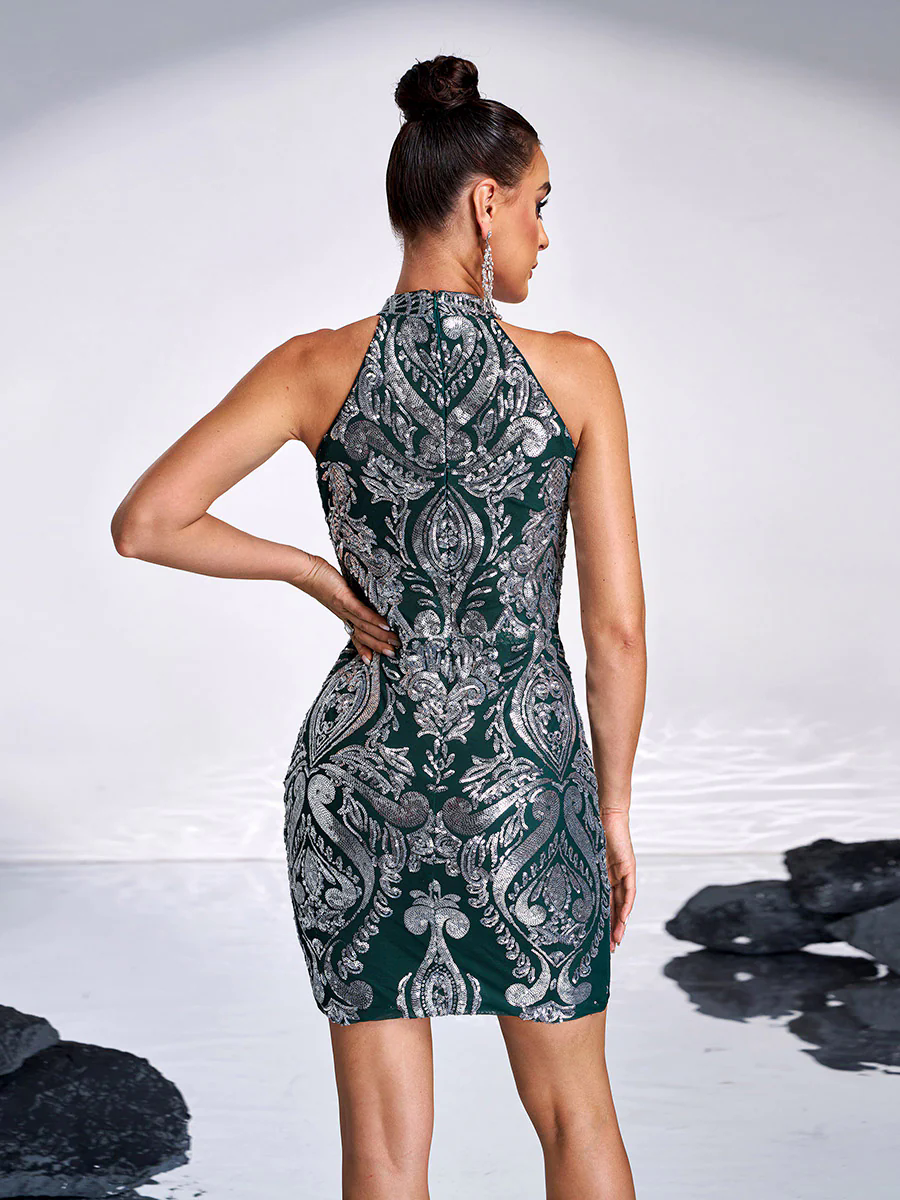 Halterneck Damask Sequin Bodycon Mini Dress FT19757 Halterneck Damask Sequin Bodycon Mini Dress FT19757