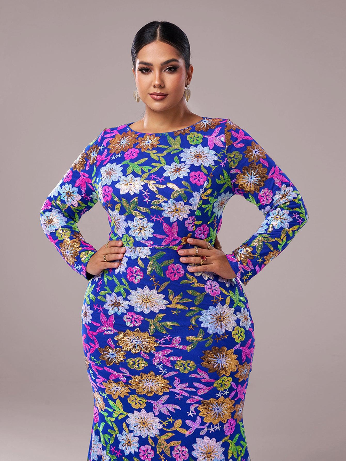 Plus Crew Neck Floral Sequin Dress PRJ10987 Plus Crew Neck Floral Sequin Dress PRJ10987