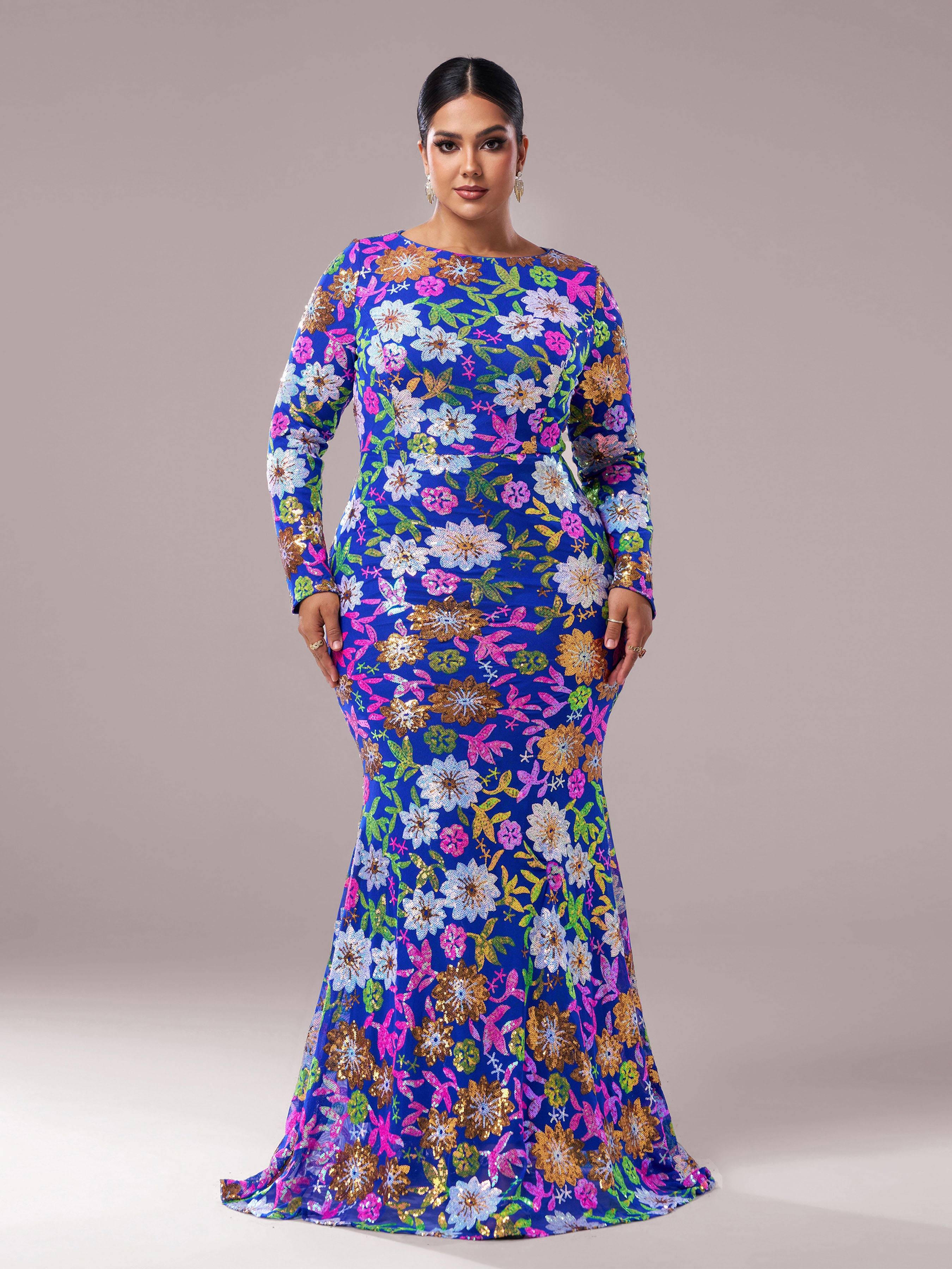 Plus Crew Neck Floral Sequin Dress PRJ10987 Plus Crew Neck Floral Sequin Dress PRJ10987