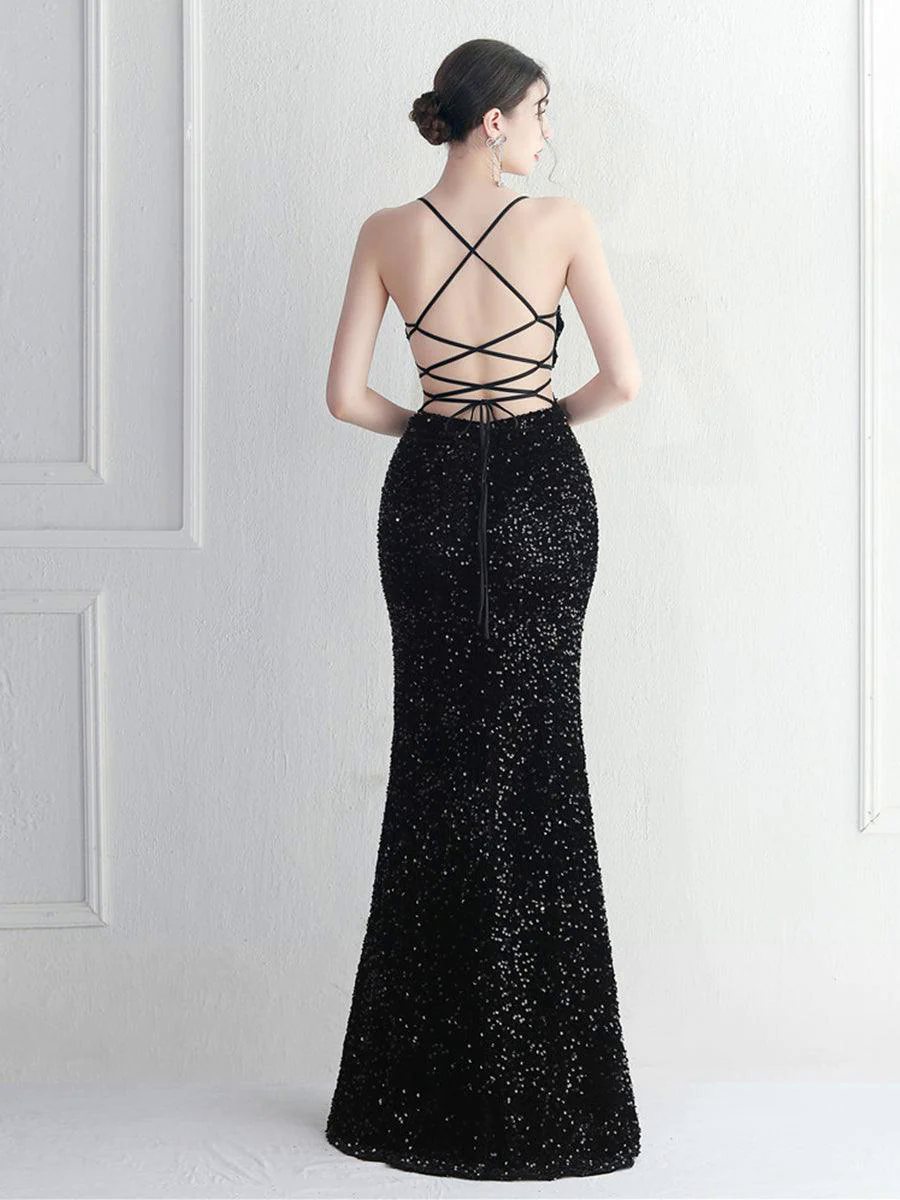 Lace Back Split Sequin Spaghetti Cocktail Dress MYC2004 Lace Back Split Sequin Spaghetti Cocktail Dress MYC2004