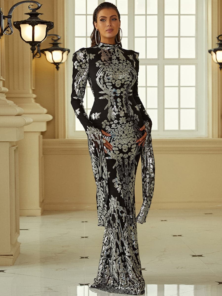 Stand Collar Long Sleeve Mermaid Sequin Prom Dress XJ1262 Stand Collar Long Sleeve Mermaid Sequin Prom Dress XJ1262