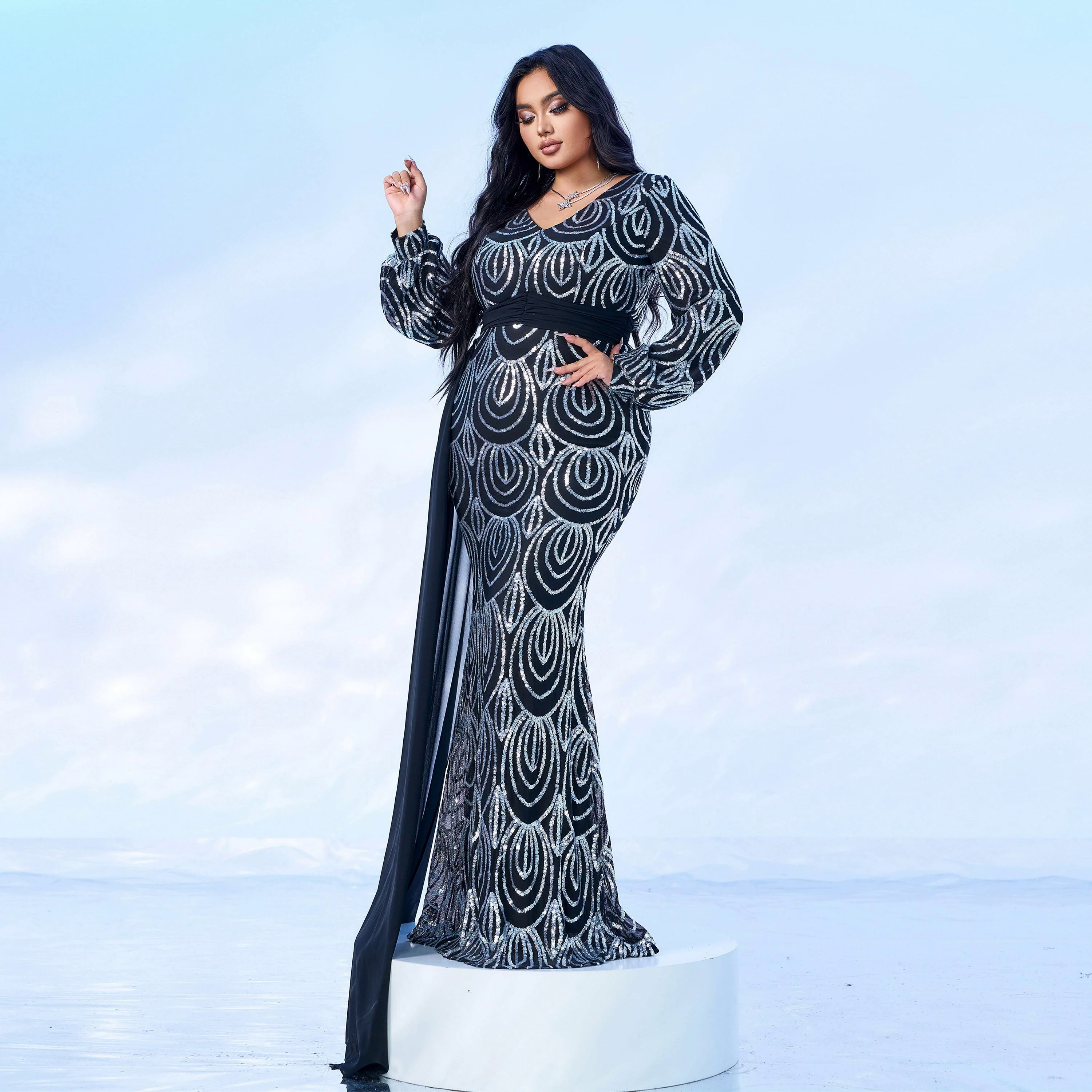 Plus V-Neck Long Sleeve Prom Dress PXJ1524 Plus V-Neck Long Sleeve Prom Dress PXJ1524