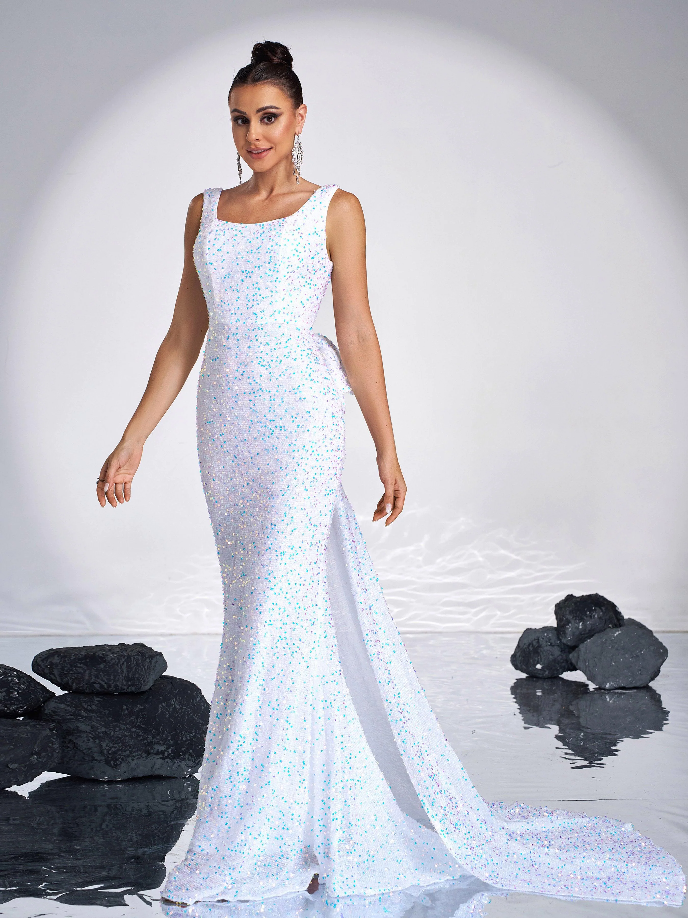 Bow Knot Sleeveless White Sequin Dress RM21232 Bow Knot Sleeveless White Sequin Dress RM21232