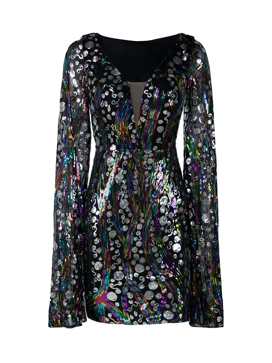 V-Neck Flared Sleeve Multicolor Sequin Mini Dress XJ1936 V-Neck Flared Sleeve Multicolor Sequin Mini Dress XJ1936