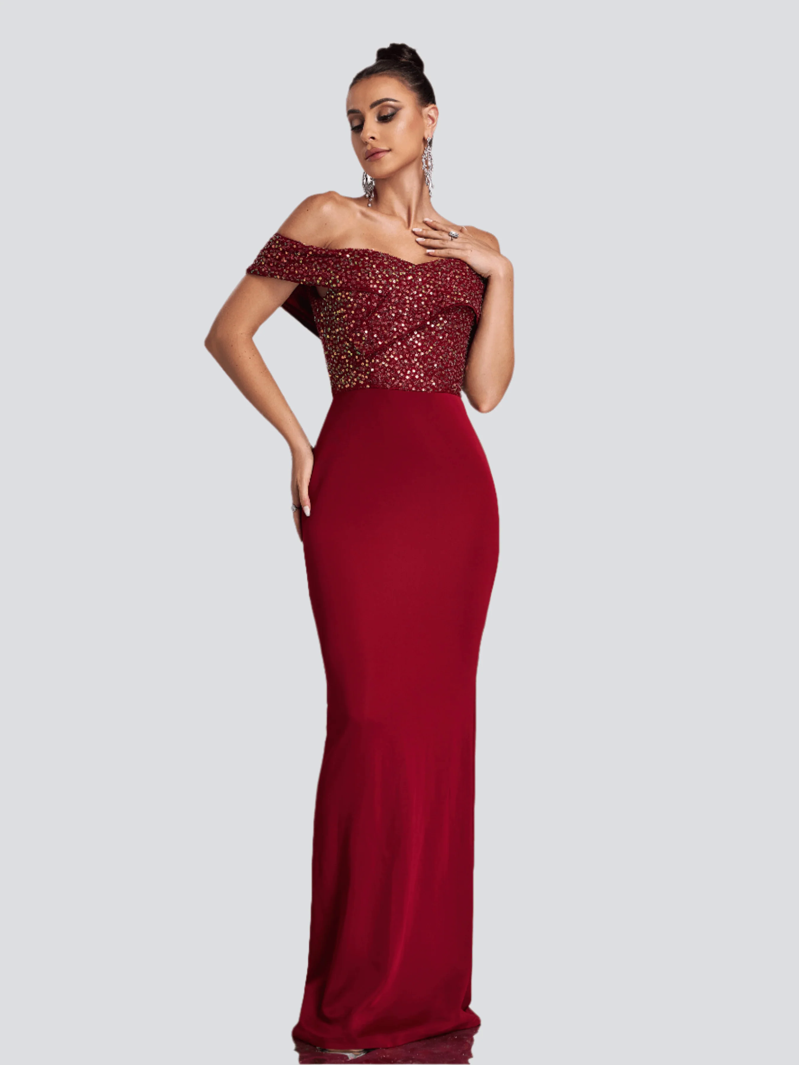 Off Shoulder Sequins Panel Black Evening Dress RM20181 Off Shoulder Sequins Panel Black Evening Dress RM20181