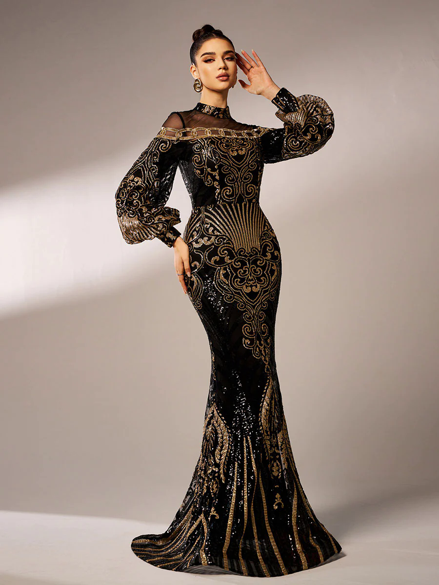 Luxe Embroidered Ballon Sleeve Evening Dress DH80229 Luxe Embroidered Ballon Sleeve Evening Dress DH80229