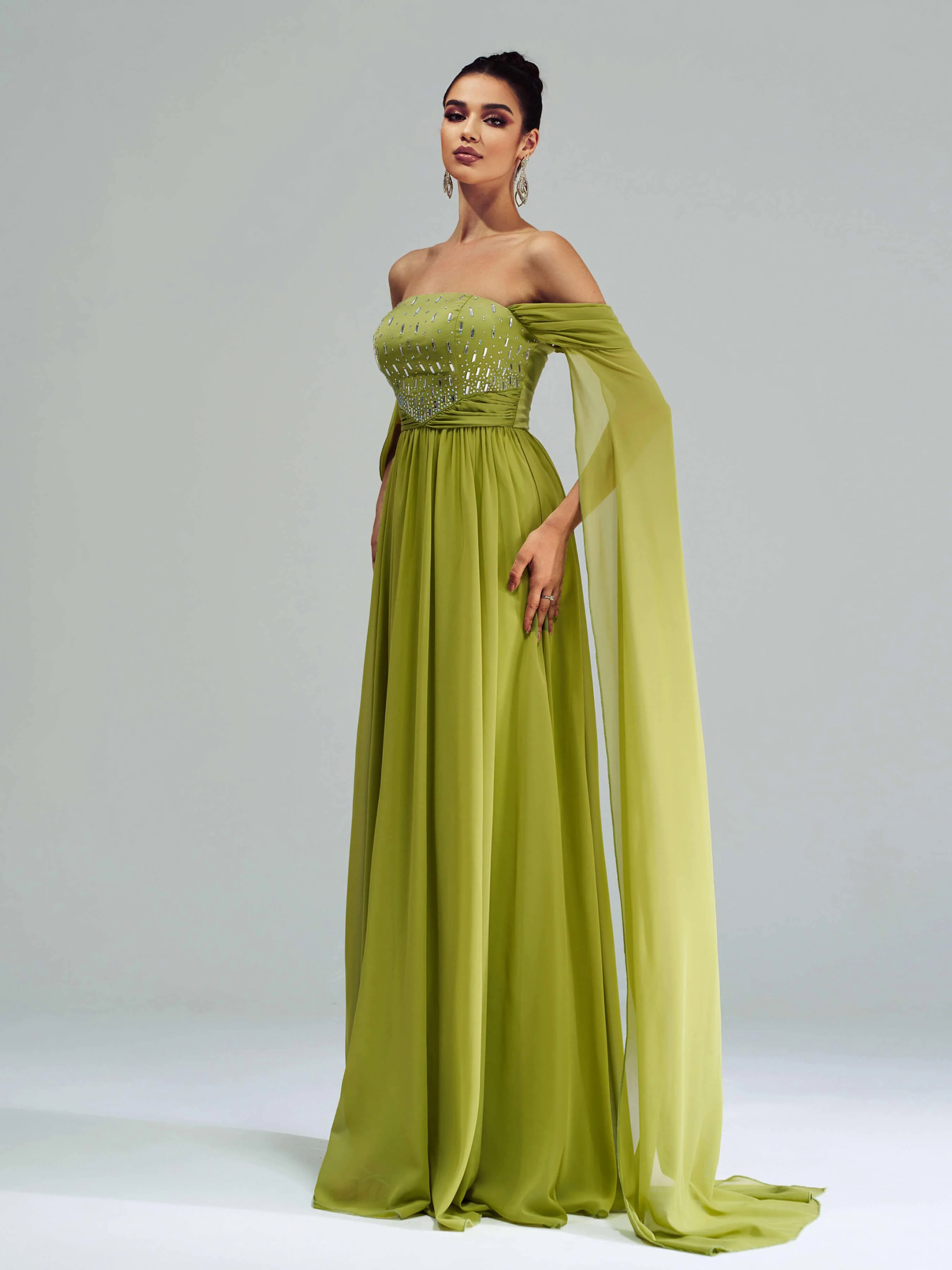 Green Chiffon Rhinestone Off Shoulder Prom Dress RX70147 Green Chiffon Rhinestone Off Shoulder Prom Dress RX70147