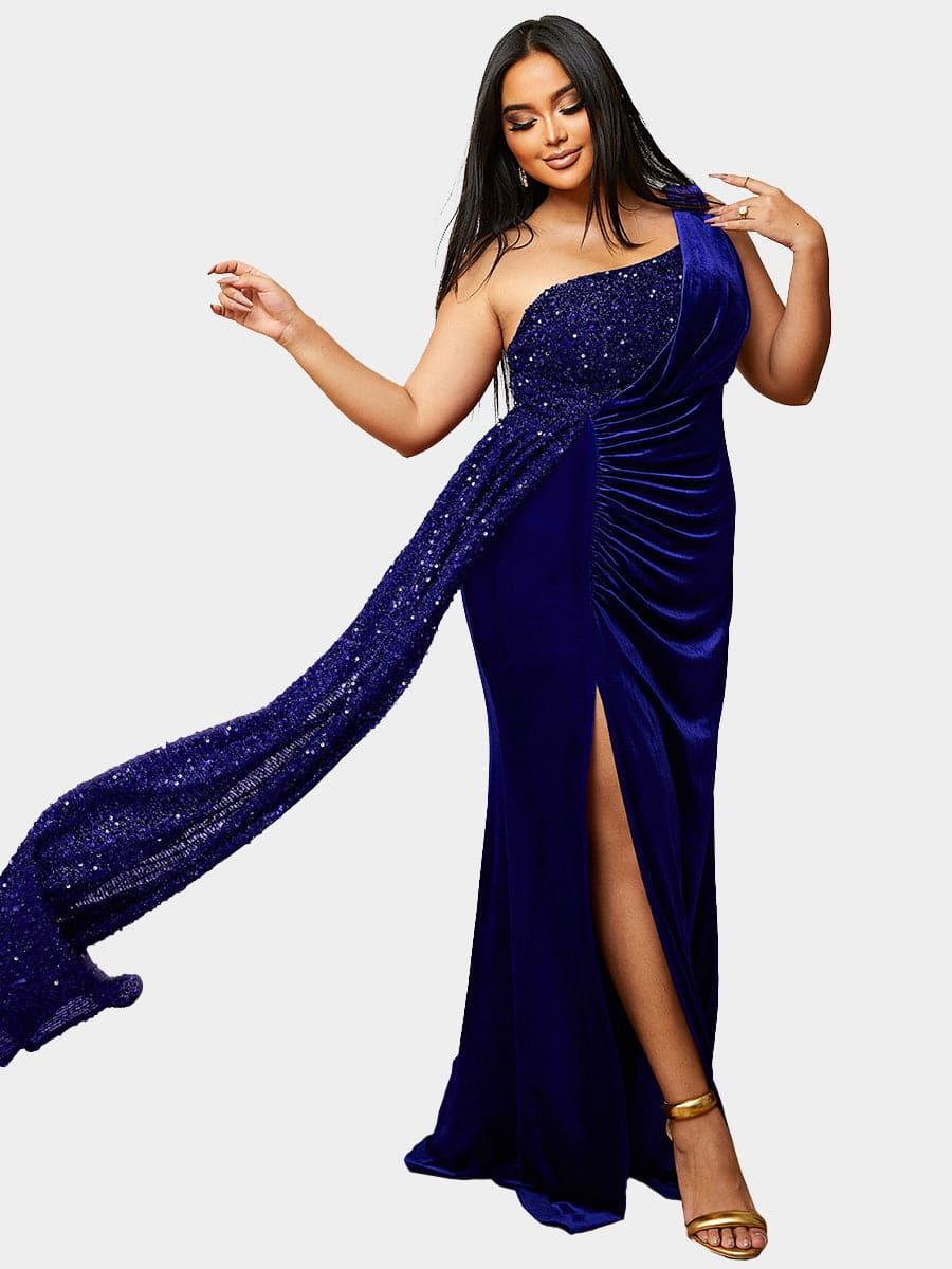 Plus Size One Shoulder Draped Sequin Burgundy Prom Dress PXH2356 Plus Size One Shoulder Draped Sequin Burgundy Prom Dress PXH2356