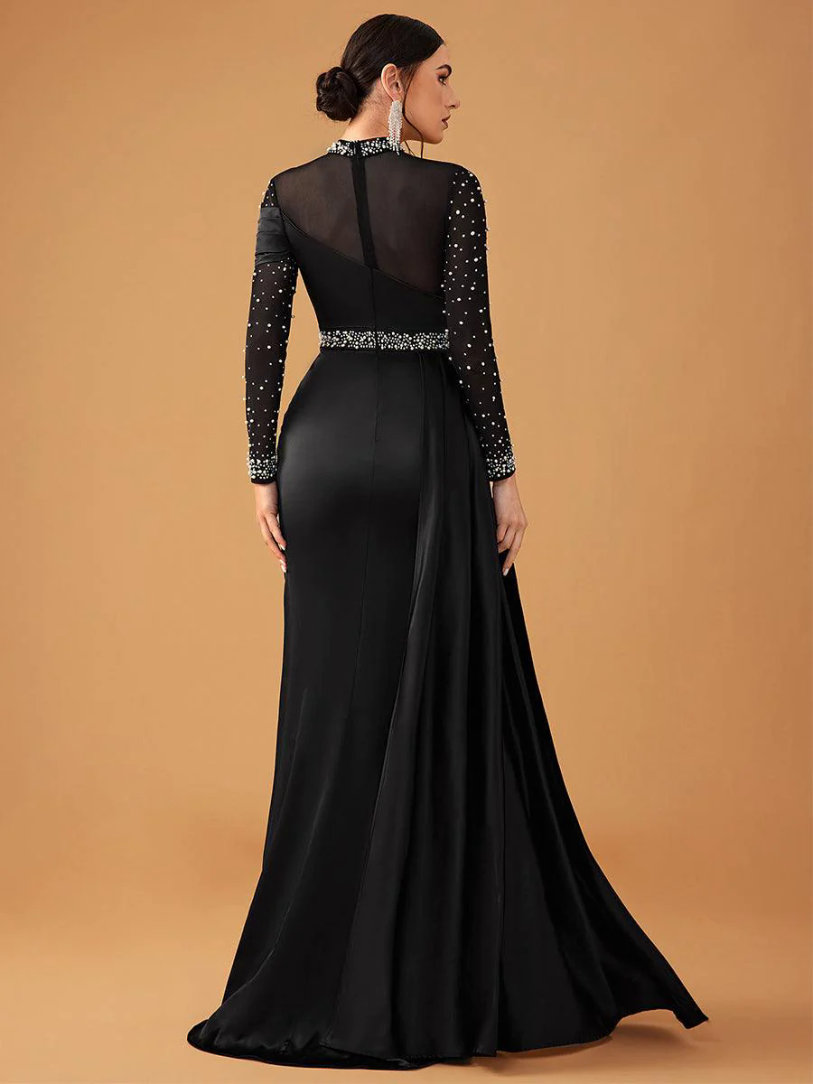 Elegant Mesh Beaded Satin Turtleneck Evening Dress GM90146 Elegant Mesh Beaded Satin Turtleneck Evening Dress GM90146