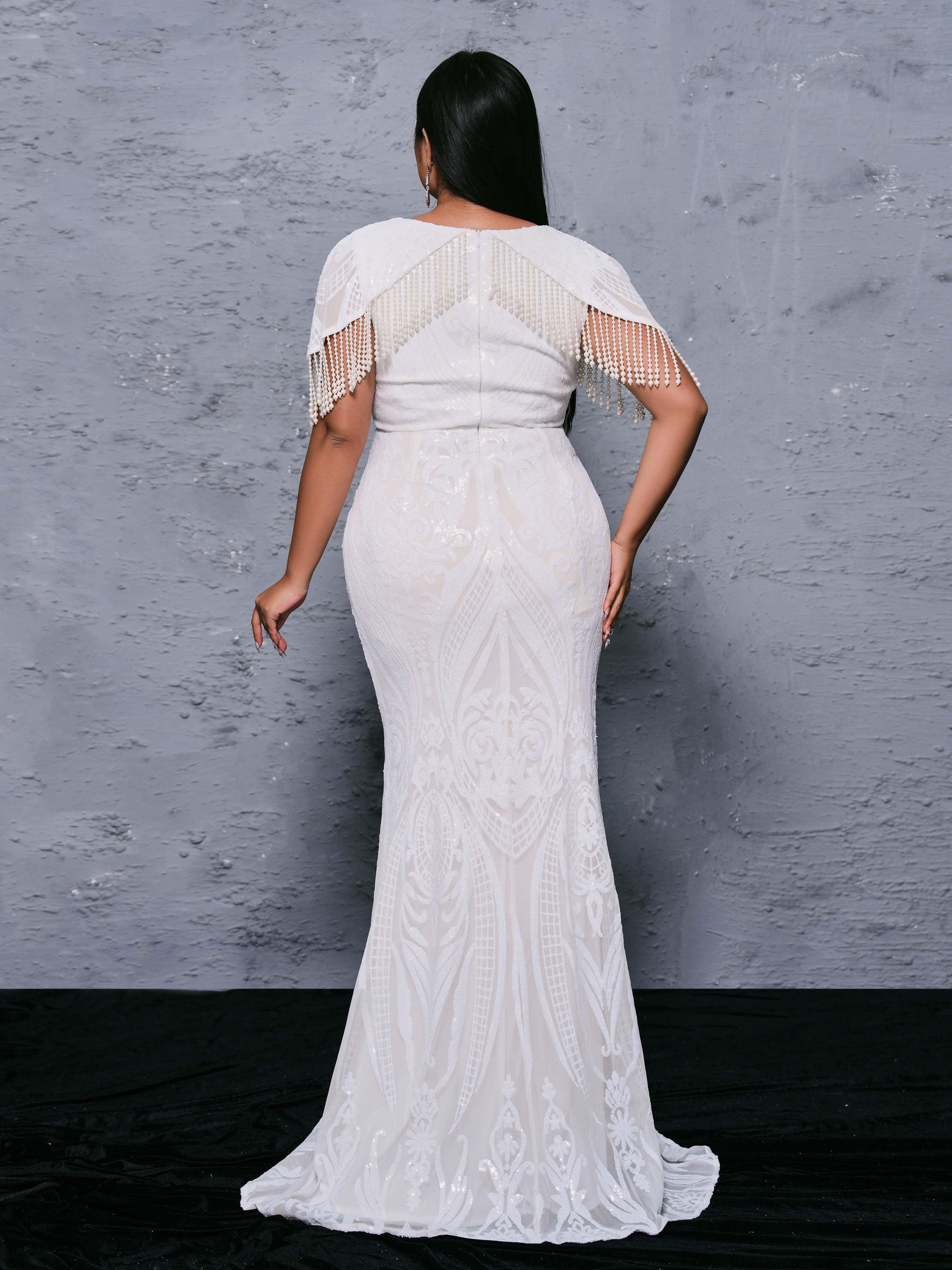 Plus V-Neck Pearl White Mermaid Dress PRX70092 Plus V-Neck Pearl White Mermaid Dress PRX70092