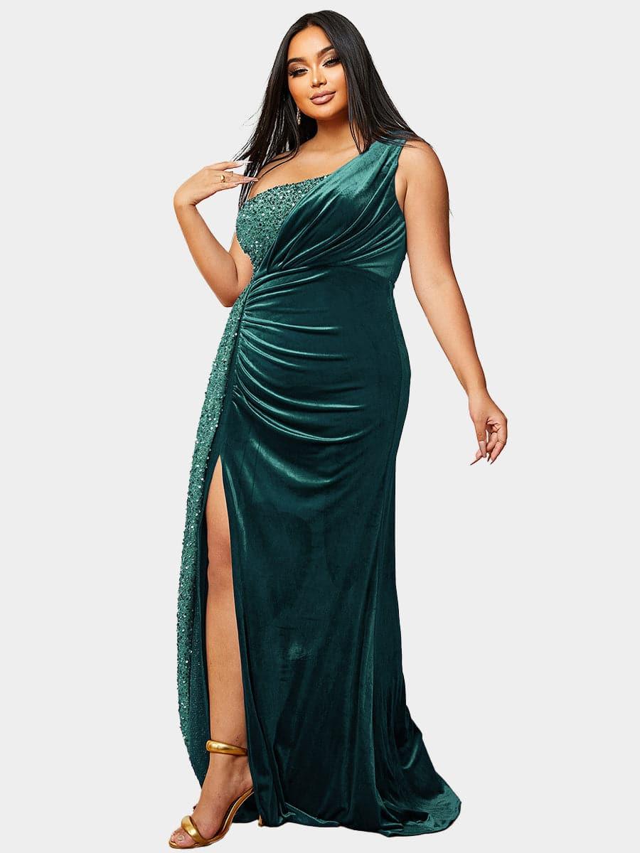 Plus Size One Shoulder Draped Sequin Burgundy Prom Dress PXH2356 Plus Size One Shoulder Draped Sequin Burgundy Prom Dress PXH2356