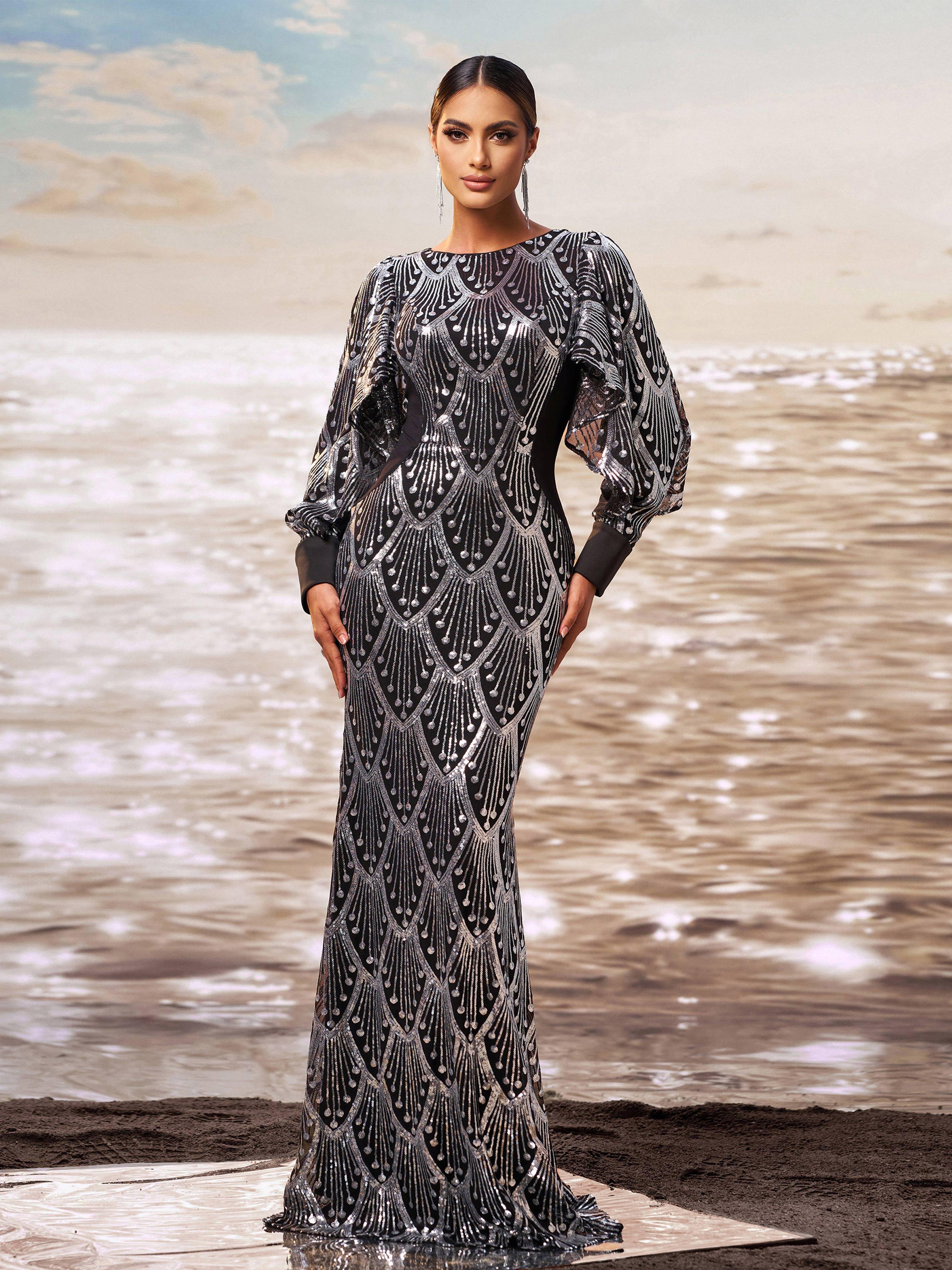 Classic Black Sequin Ballon Sleeve Prom Dress DH80287 Classic Black Sequin Ballon Sleeve Prom Dress DH80287
