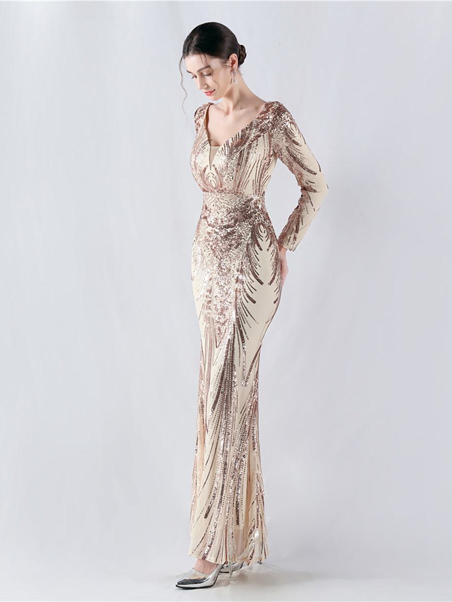 Long Sleeve Sequin V-neck Backless Prom Dress MCW1000 Long Sleeve Sequin V-neck Backless Prom Dress MCW1000